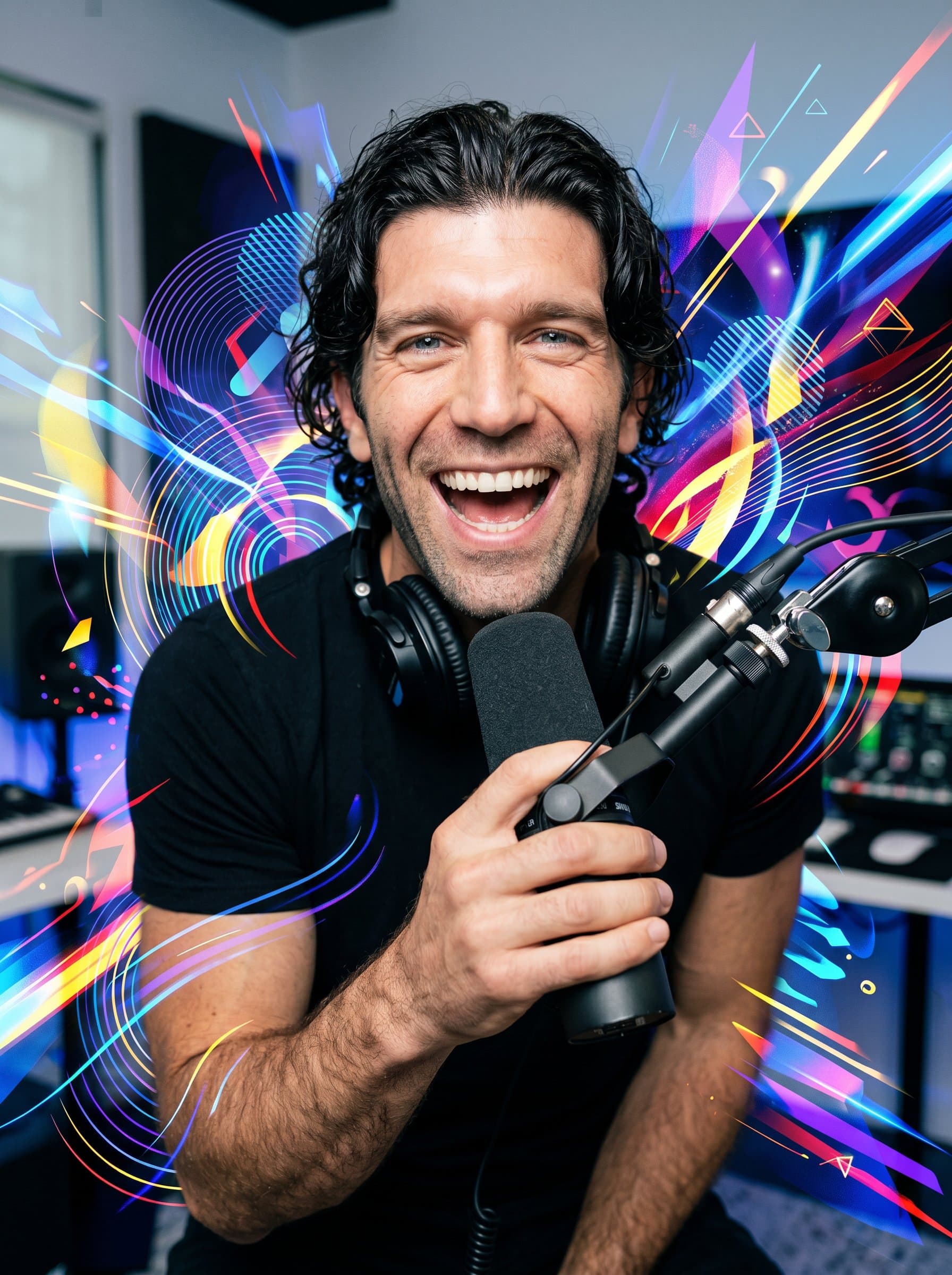 Dynamic portrait of a podcaster captured mid-laugh, surrounded by vivid abstract patterns, conveying their energetic and inviting demeanor, with a focus on their engaging expression and vibrant personality.