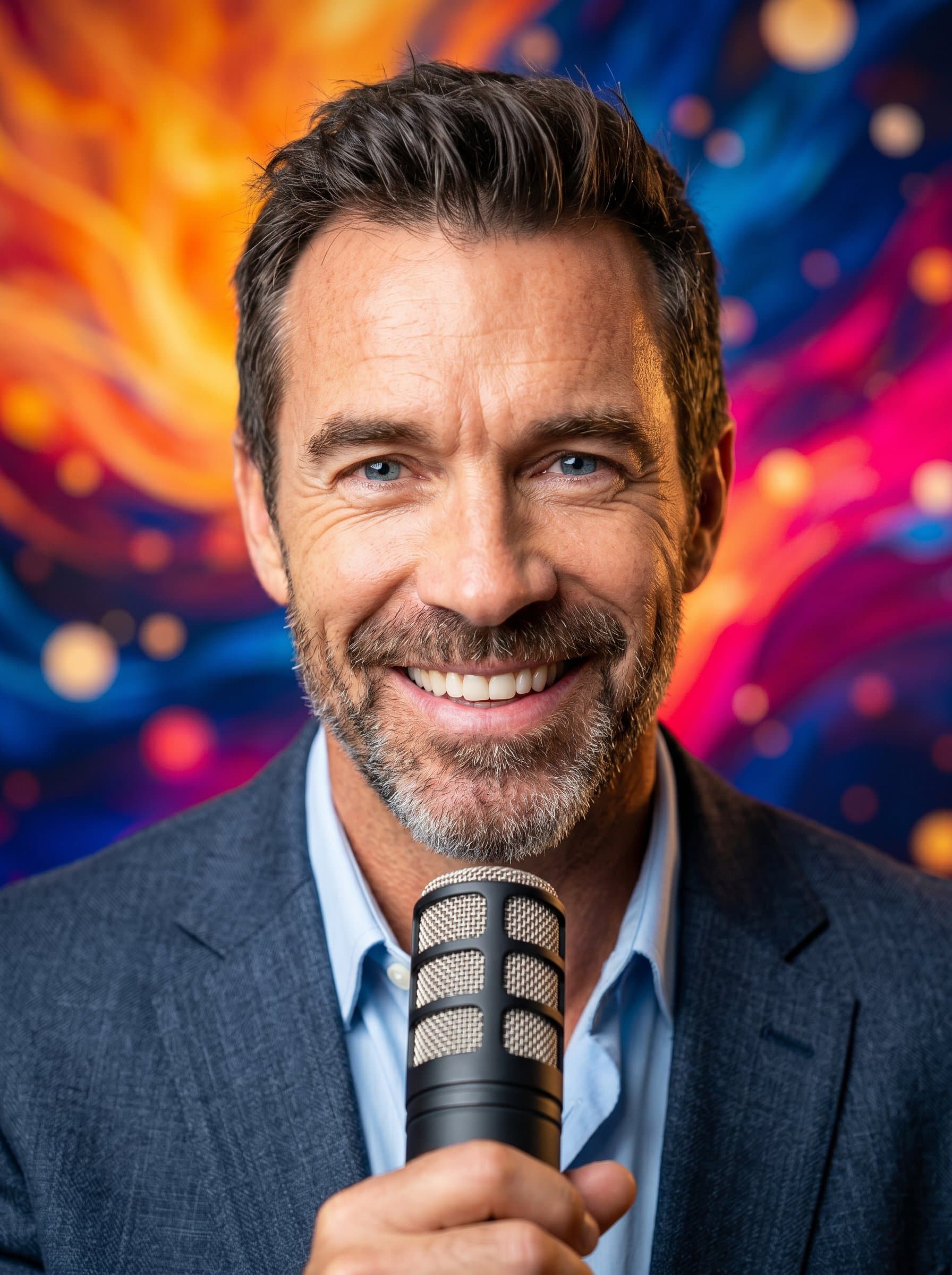 Inviting headshot of a motivational speaker, with an expressive face in a vibrant abstract setting, capturing their dynamic personality and the warmth they bring to their podcast audience.