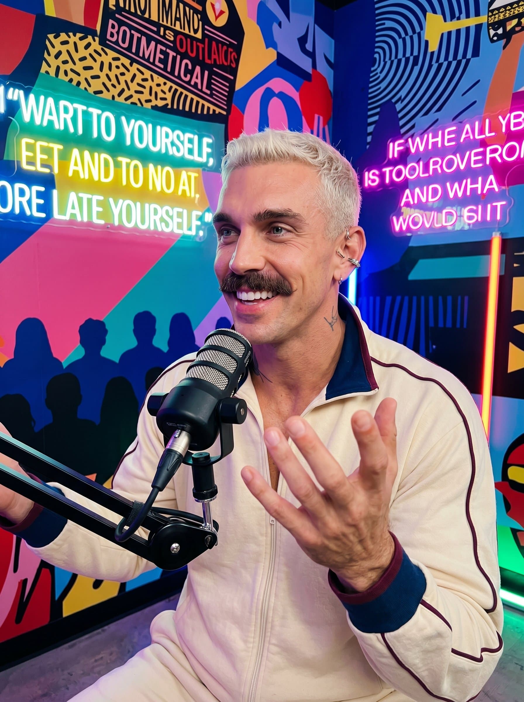 Expressive image of a podcast host, with a vivid smile and an inviting demeanor, set against a dynamic, colorful background that reflects their role as a motivational speaker.
