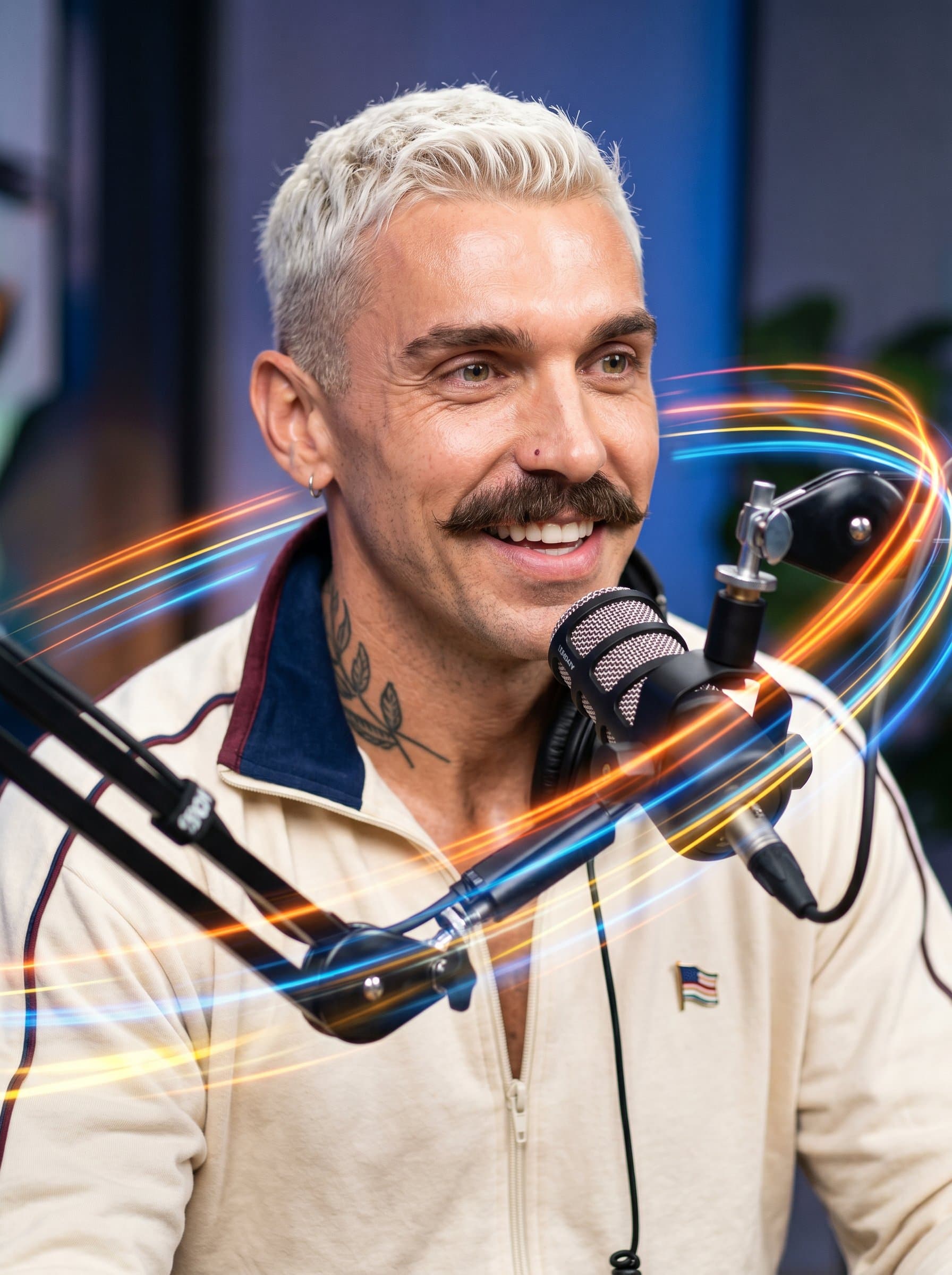 Photorealistic portrait of a podcaster, surrounded by swirling bright colors, expressive eyes conveying motivation and warmth, with a dynamic composition that highlights their engaging personality and spirited presence.