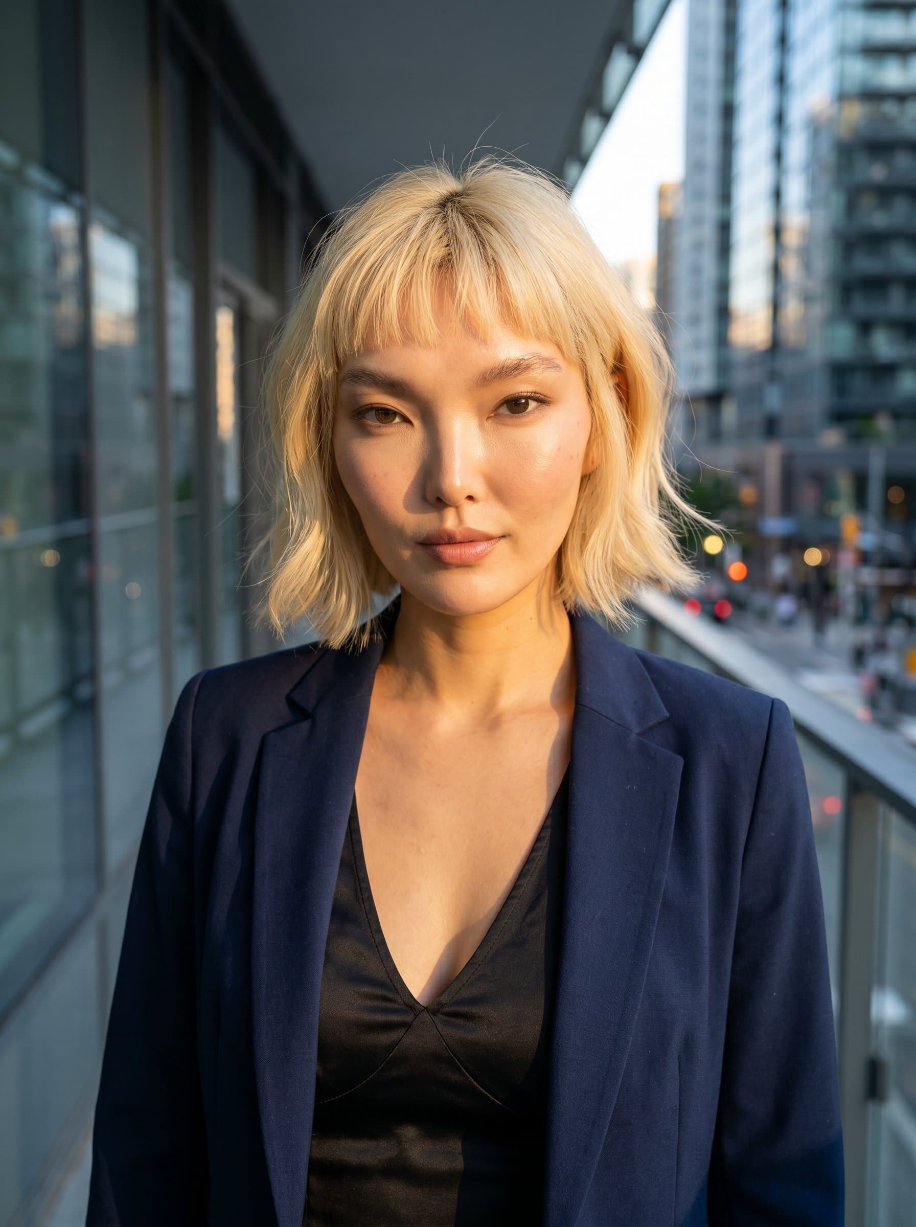 : Ultra-modern headshot with sleek urban background, influencer in smart-casual attire, capturing dynamic energy, intense gaze, golden hour lighting accentuating facial features, suitable for business-focused social media profile. Photorealistic.
