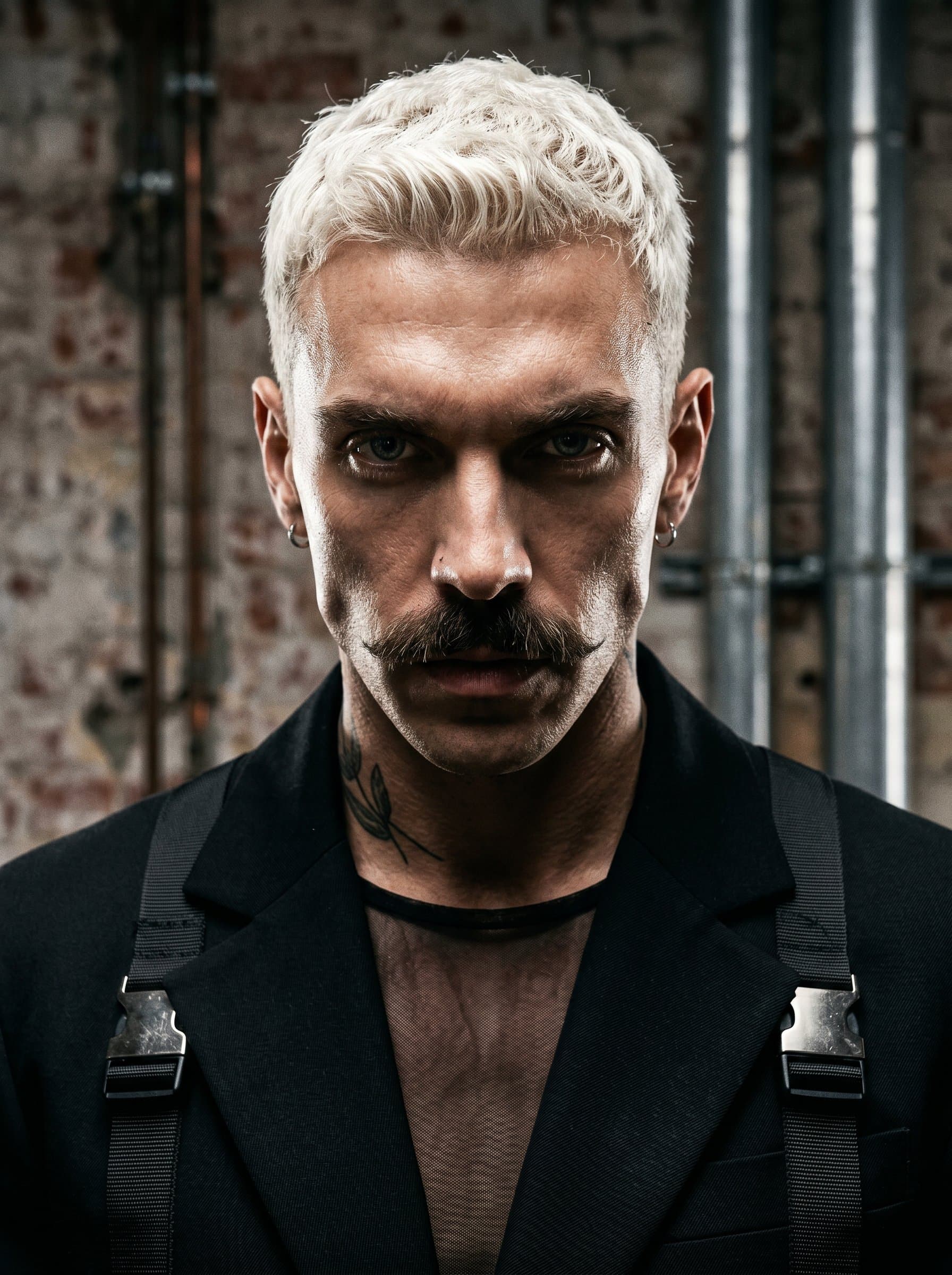 : Edgy headshot with high-contrast lighting, influencer in avant-garde clothing, industrial background, fierce expression, bold shadows creating dramatic effect, suitable for edgy fashion brand profiles, focus on eyes.