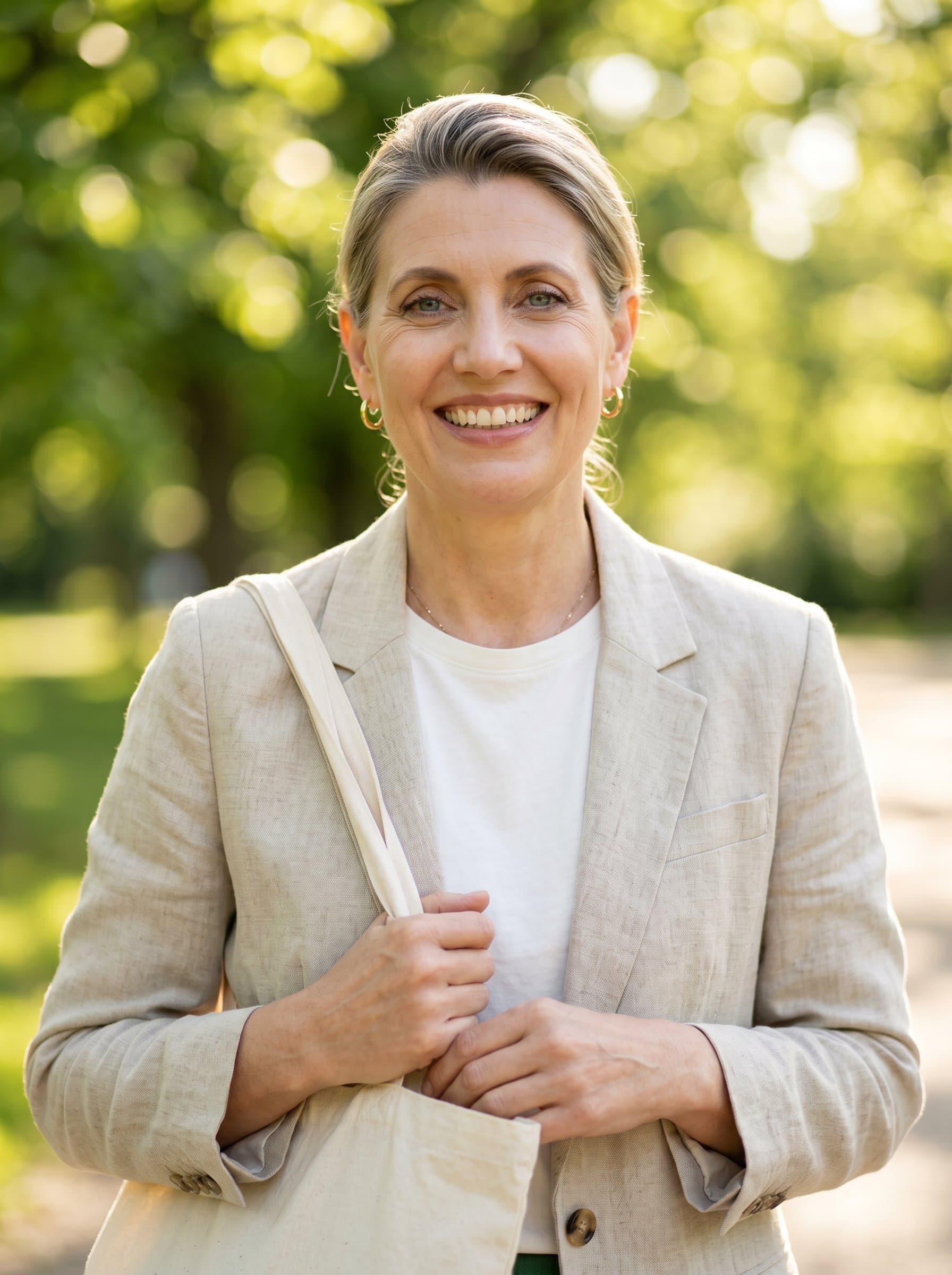 : Natural light headshot with soft bokeh effect, influencer wearing casual chic attire, outdoor park setting, genuine smile, capturing authenticity and warmth, ideal for eco-friendly brand profiles, photorealistic finish.