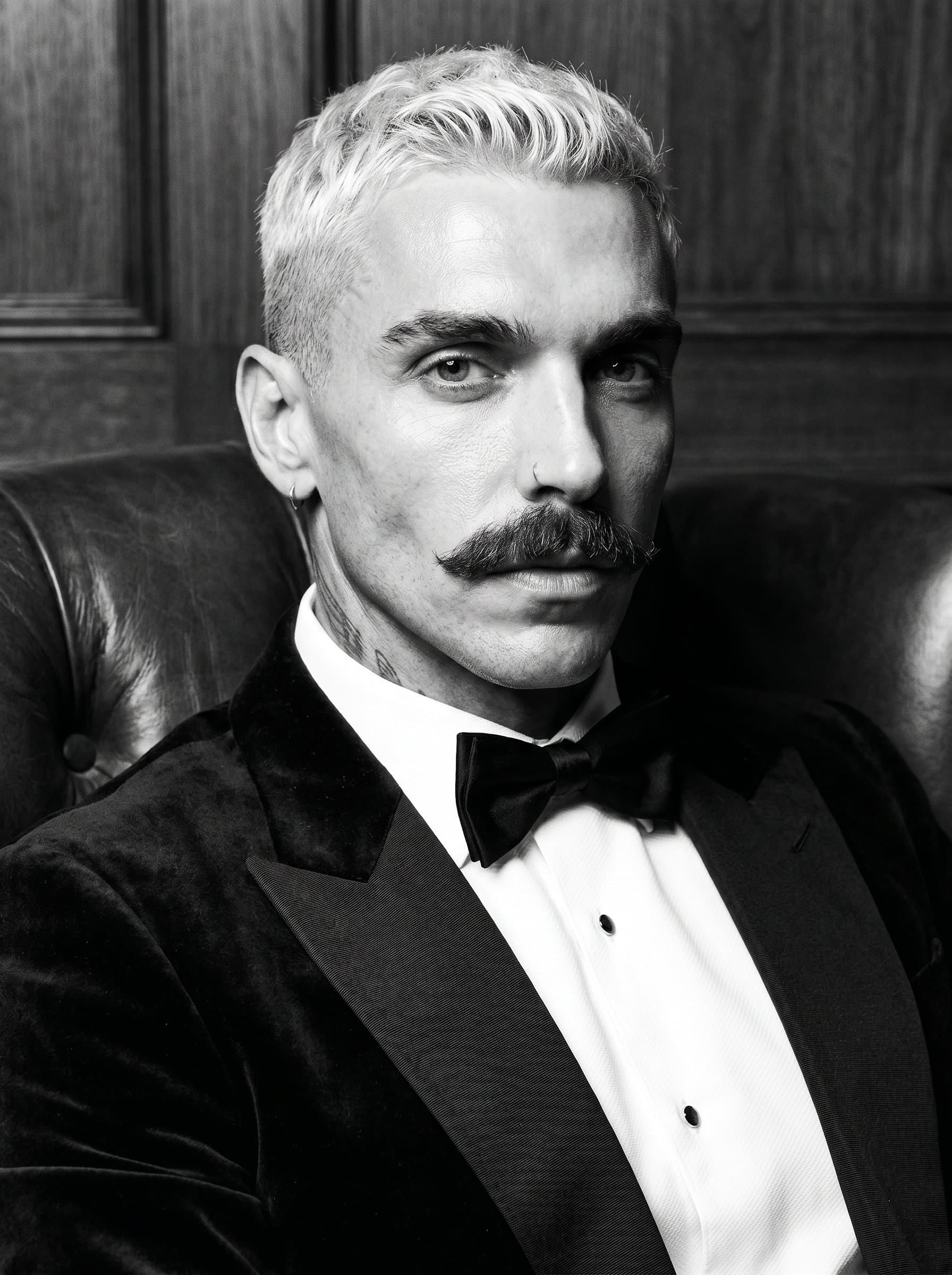 : Elegant black and white headshot, influencer in vintage attire, classic indoor setting, timeless look, sophisticated expression, perfect for luxury brand profiles, high resolution with striking contrast.