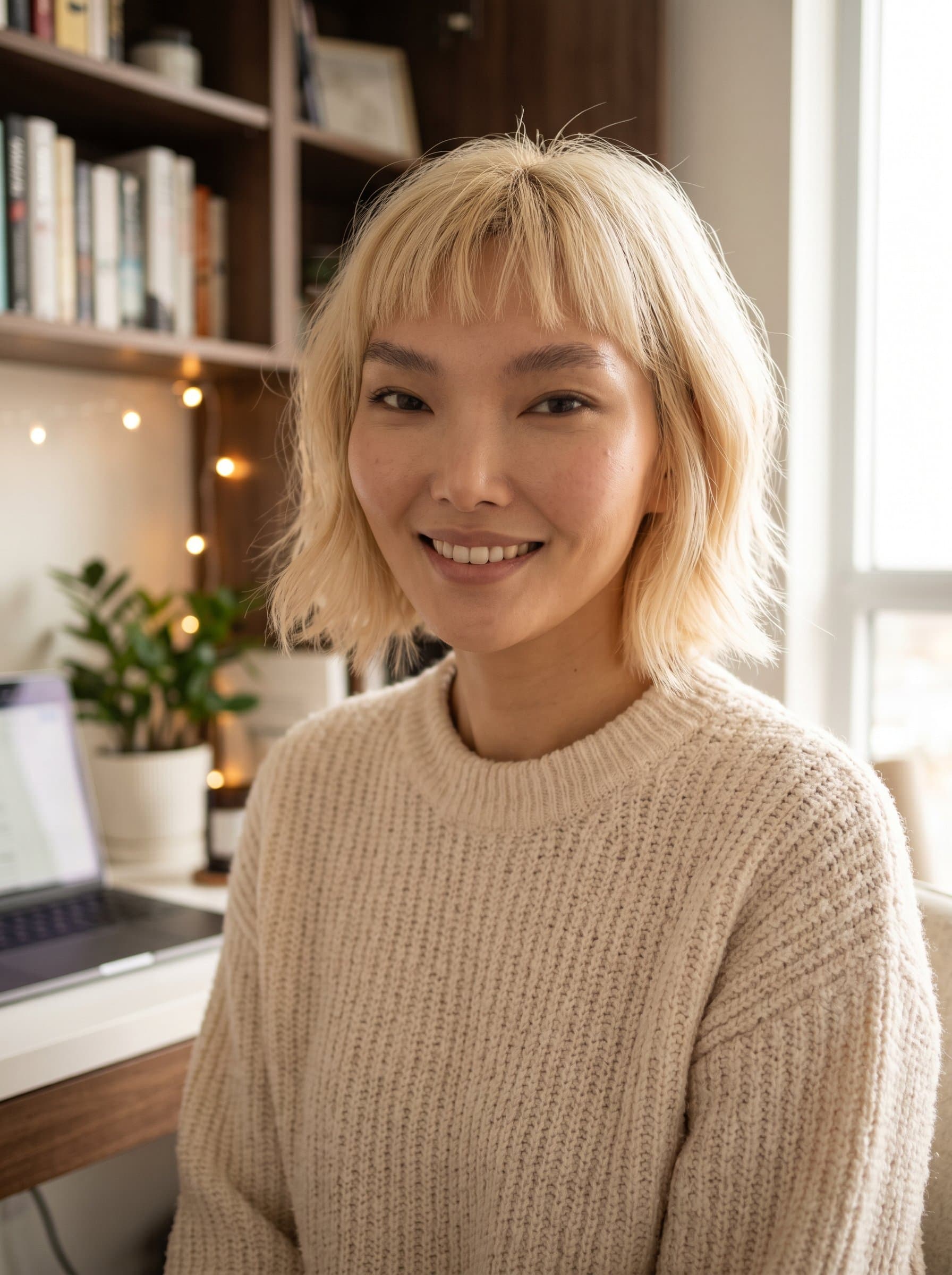 : Warm-toned headshot, influencer in cozy, casual wear, home-office background, inviting smile, soft lighting, showcasing approachable personality, perfect for lifestyle influencer profiles, attention to detail in texture.