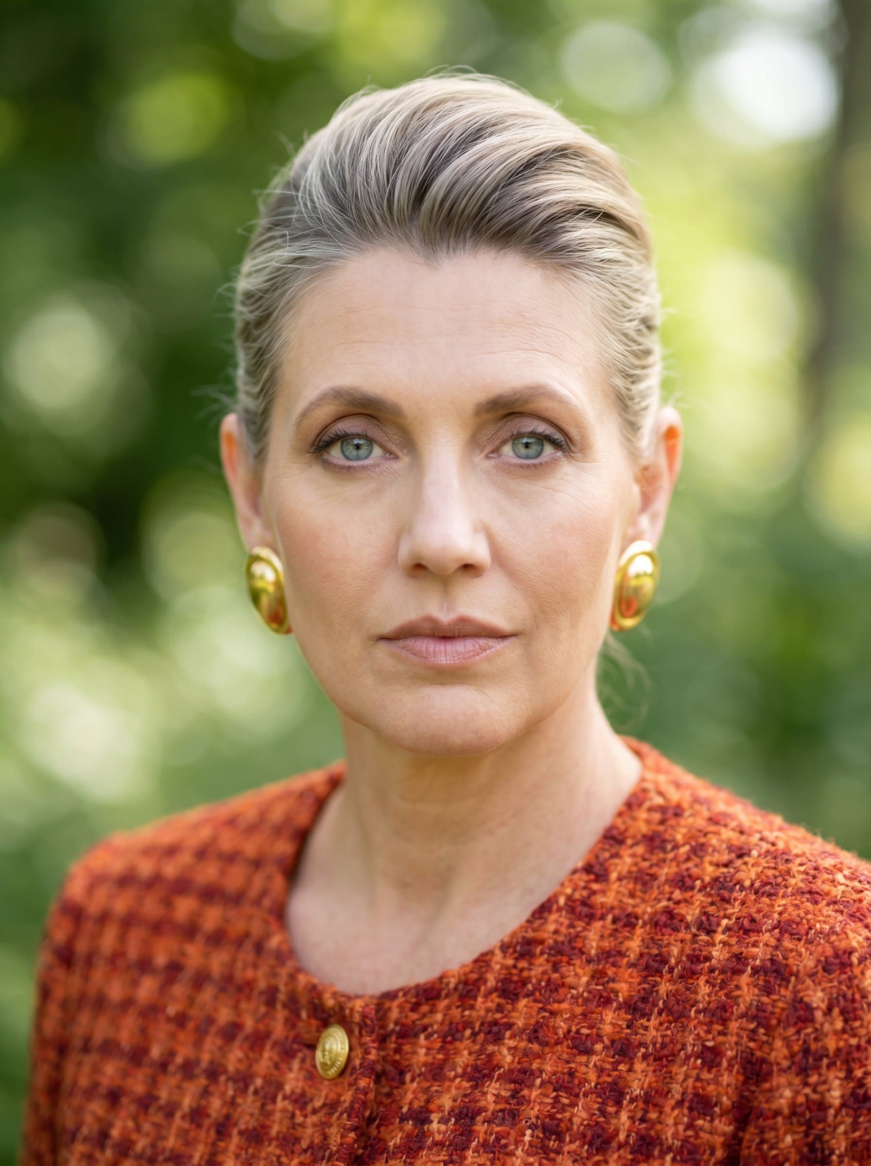 : Minimalist headshot with soft natural lighting, influencer in classic attire, blurred nature background, serene expression, subtle makeup, timeless elegance, ideal for wellness and health profiles, sharp and photorealistic.