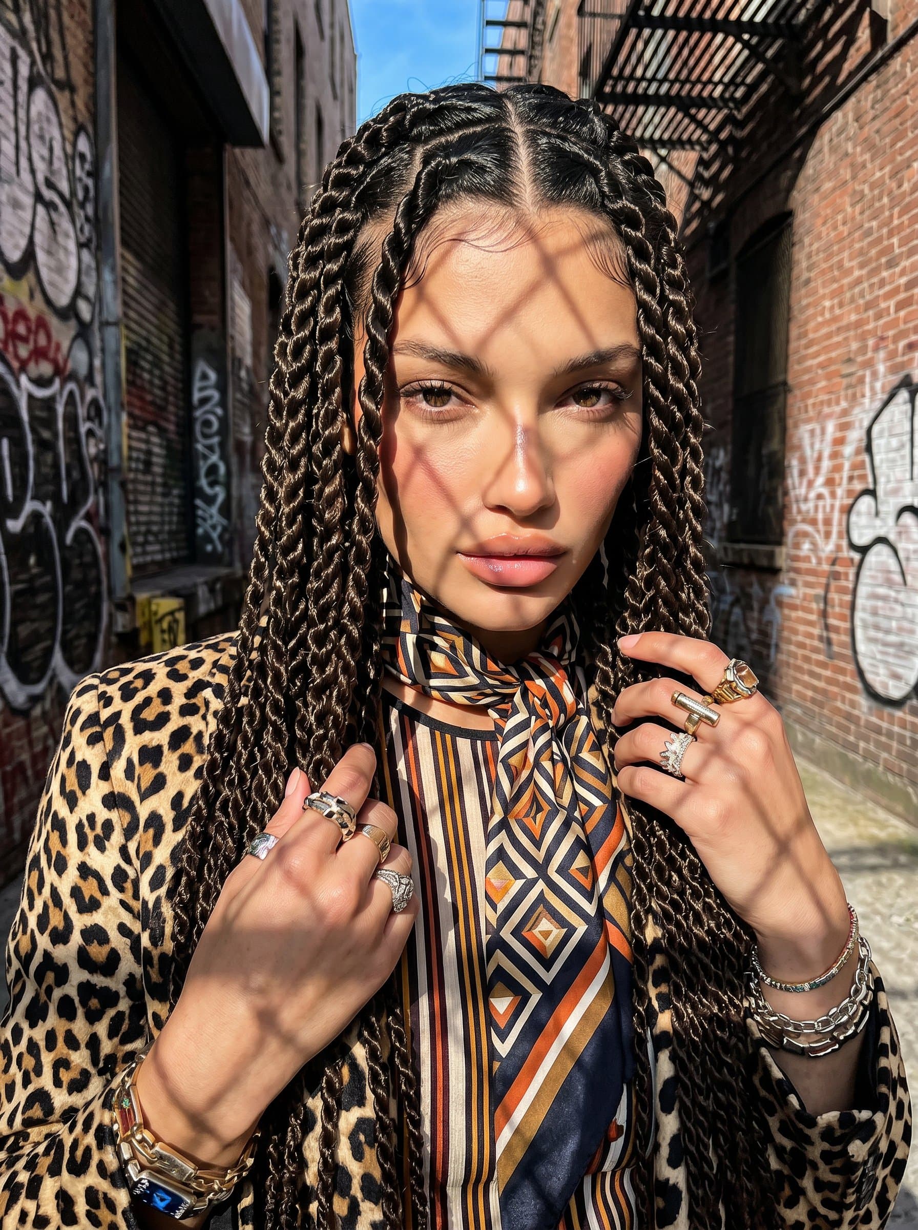 : Bold headshot with artistic shadow play, influencer in creative mix of patterns, urban alleyway as background, enigmatic expression, suitable for art and design influencer profiles, dynamic and photorealistic.
