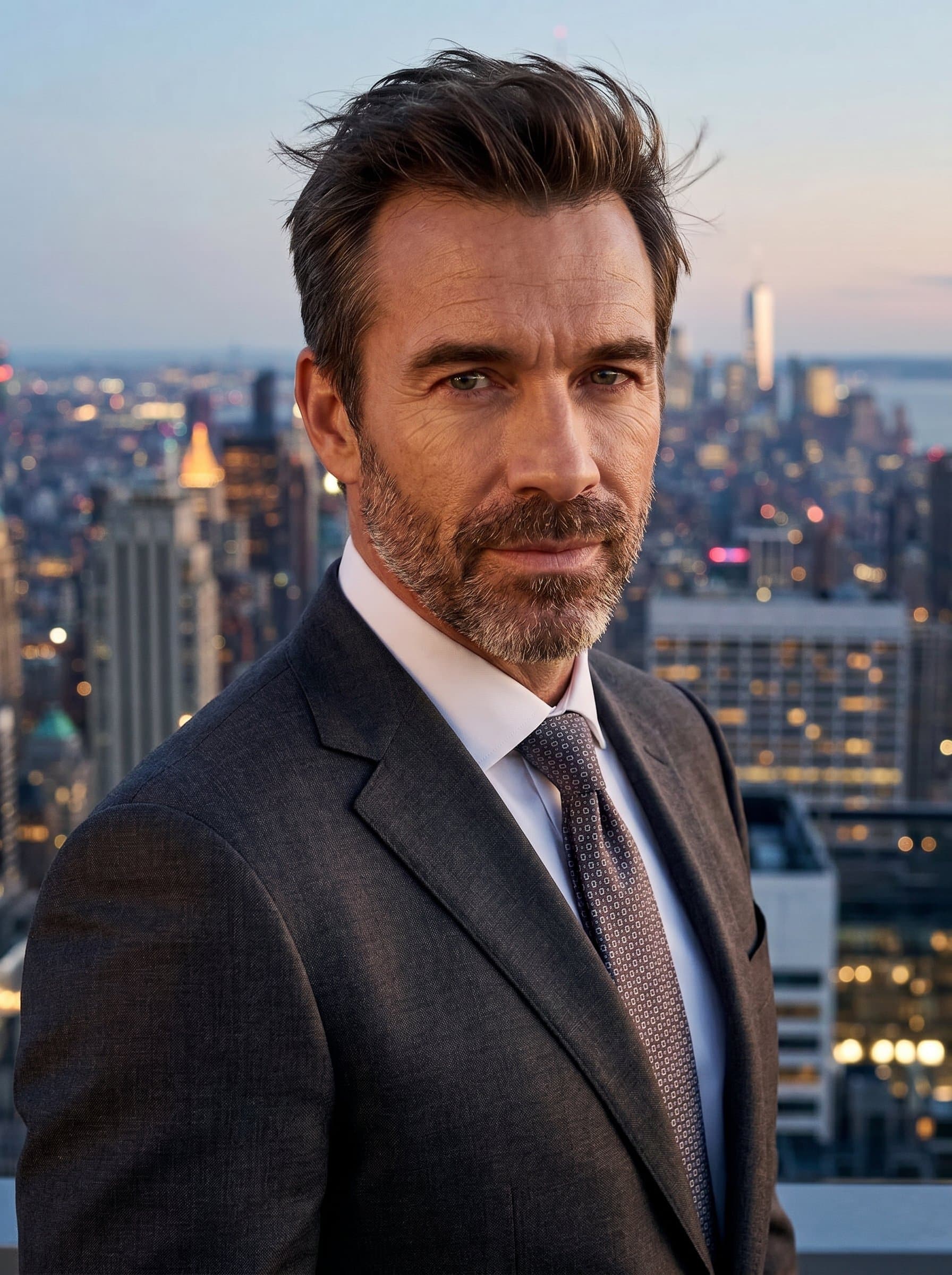 : Fashion-forward headshot, influencer in tailored suit, cityscape view from rooftop, confident expression, subtle wind effect, evening lighting giving cinematic feel, fits high-end fashion brand profiles, sharp focus.