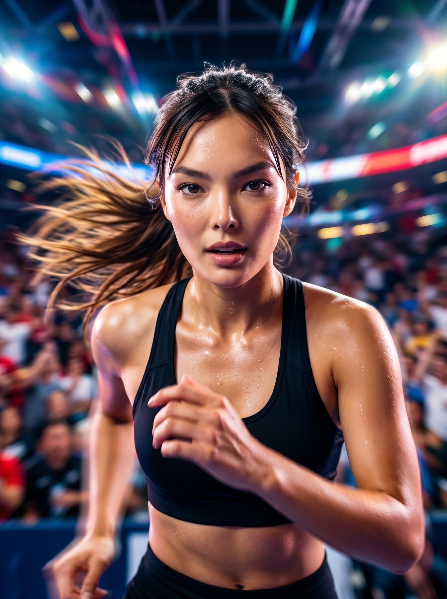: Dynamic headshot with sports arena background, influencer in athletic wear, energetic pose, motion blur effect capturing movement, vibrant lighting, suitable for fitness influencer profiles, sharp and photorealistic.