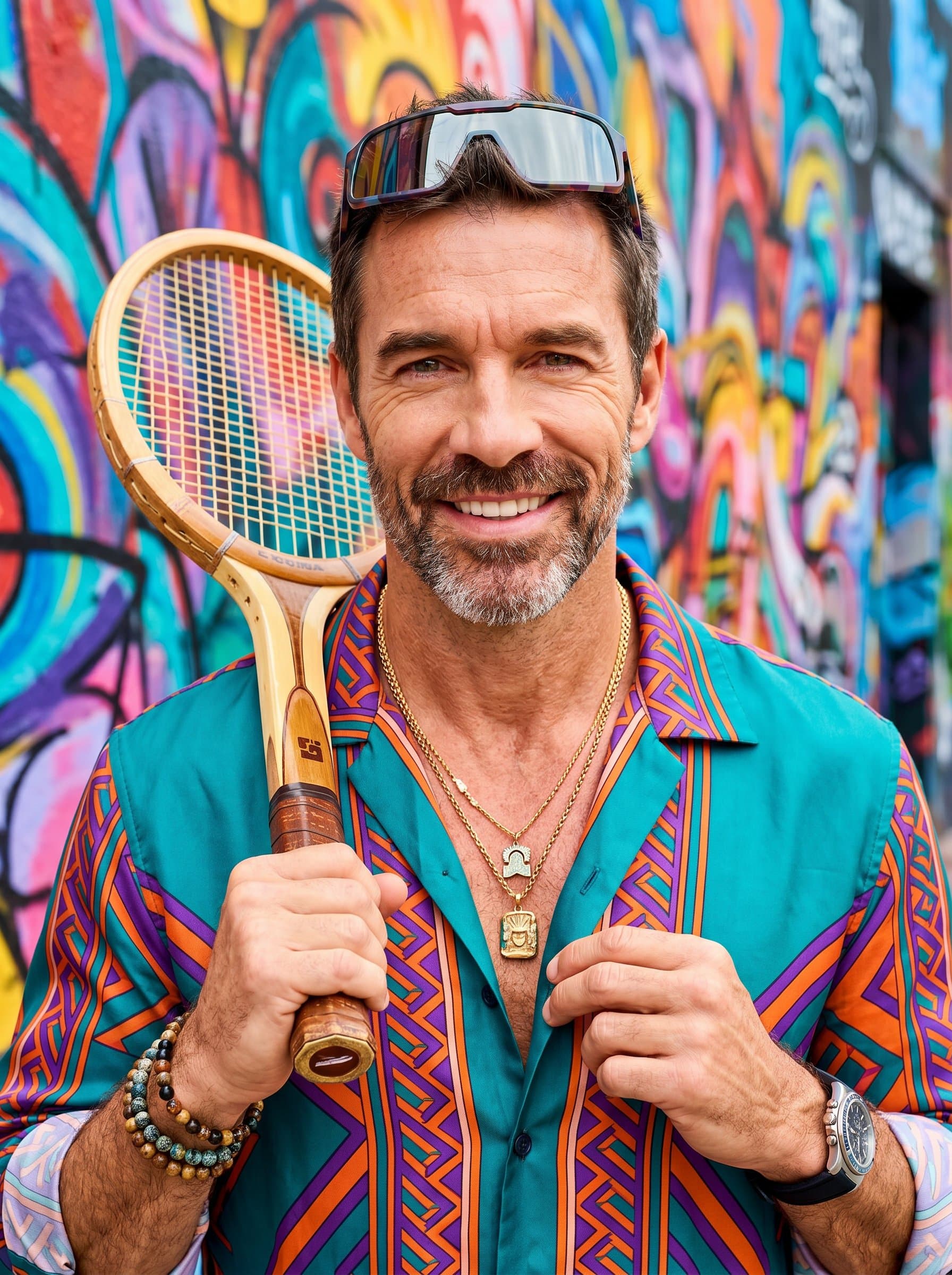 : Creative headshot with vivid colors, influencer wearing bold fashion, styled with unique accessories, vibrant graffiti wall backdrop, cheerful expression, emphasizing individuality, perfect for lifestyle brand profiles, crisp and detailed.