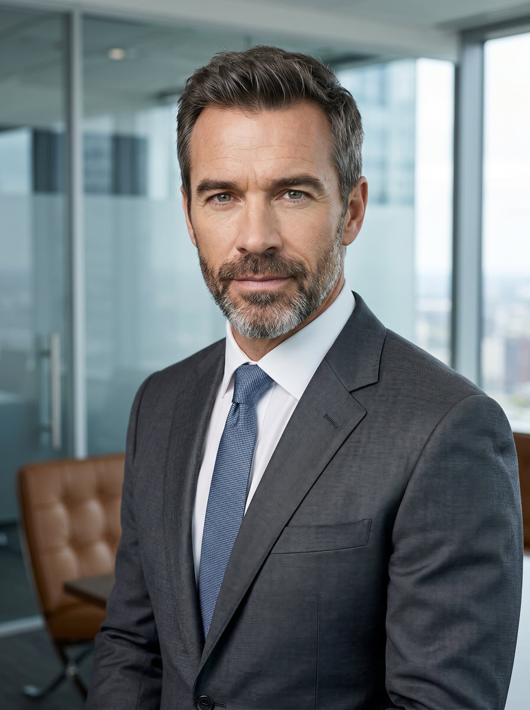 : Professional headshot with sleek office background, influencer in formal business attire, poised expression, neutral tones, conveying authority and expertise, perfect for corporate influencer profiles, crisp and detailed.