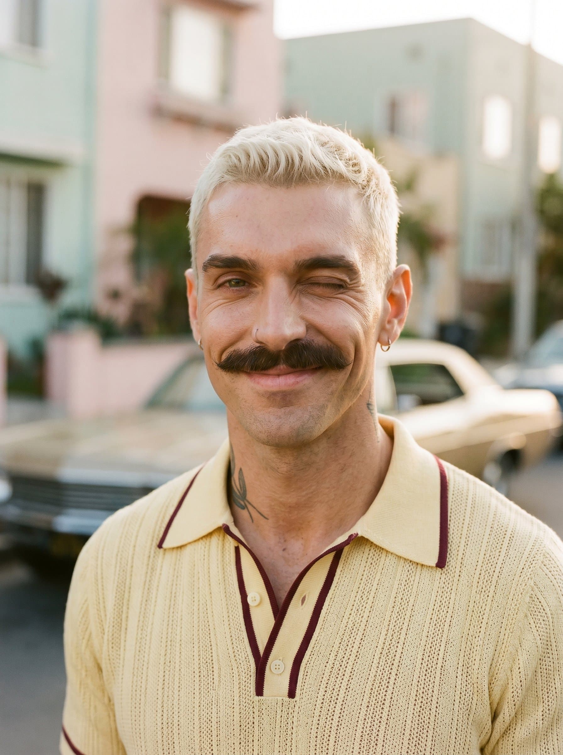 : Retro-inspired headshot with vintage street setting, influencer in classic retro fashion, playful yet elegant expression, pastel tones, ideal for nostalgia-themed influencer profiles, photorealistic and engaging.