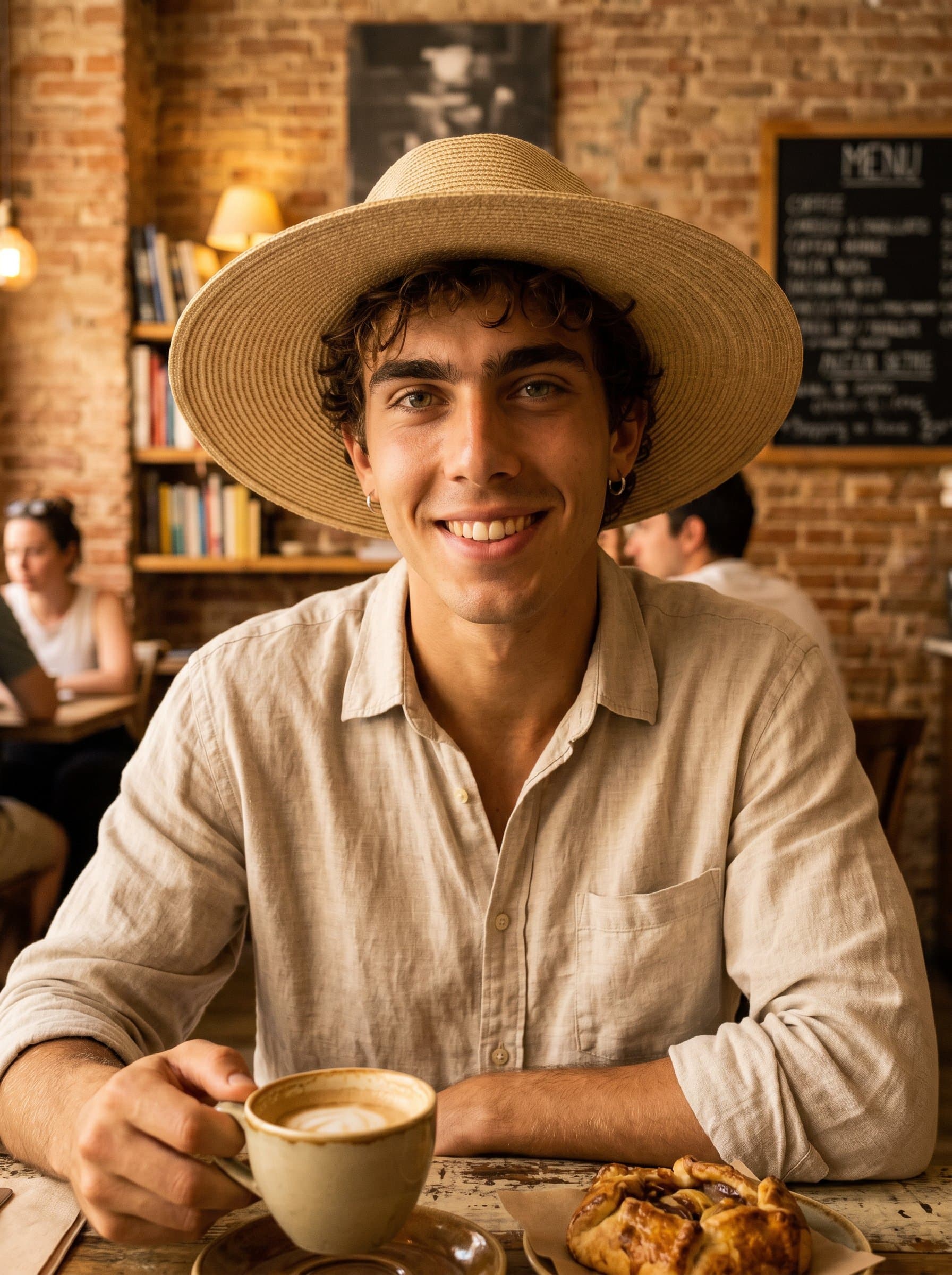 : Relaxed headshot with cozy indoor café setting, influencer in casual attire, warm lighting creating intimate atmosphere, approachable smile, ideal for food and lifestyle influencer profiles, attention to detail.
