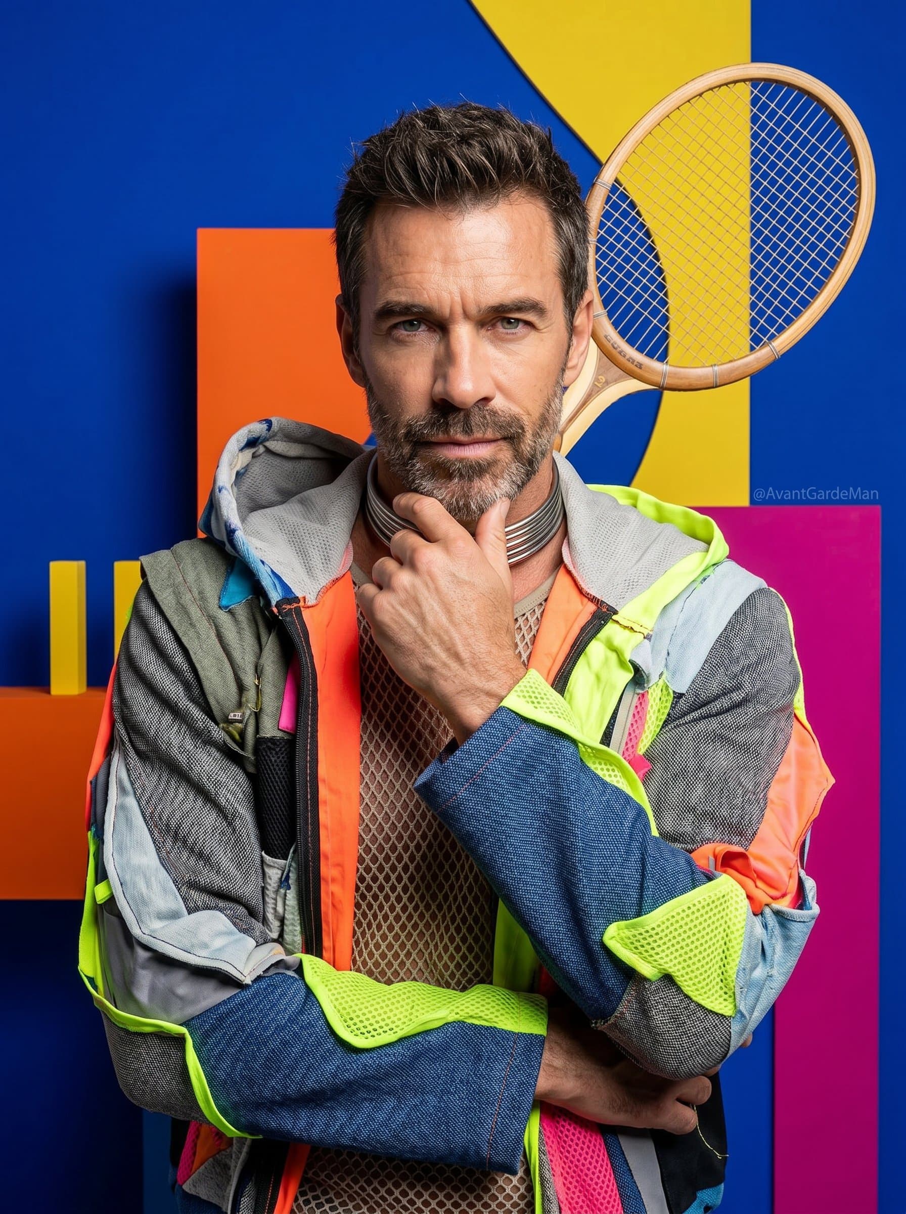 : Artistic headshot with abstract studio setting, influencer in unconventional attire, creative pose, bold colors and shapes, perfect for avant-garde fashion influencer profiles, vibrant and photorealistic.