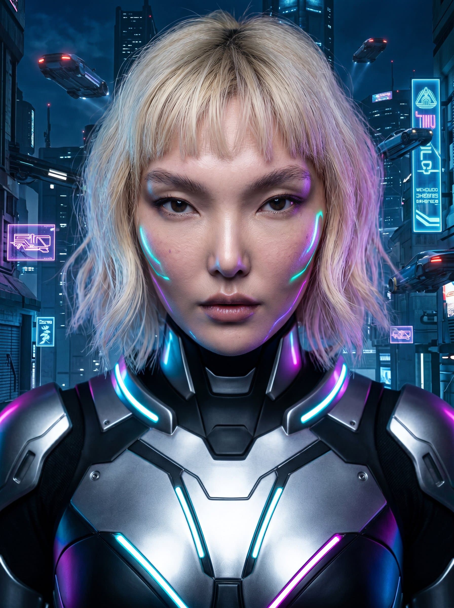 : Futuristic headshot with high-tech city backdrop, influencer in sleek, metallic attire, intense and focused expression, neon lighting effects, suitable for sci-fi and tech influencer profiles, crisp detail.