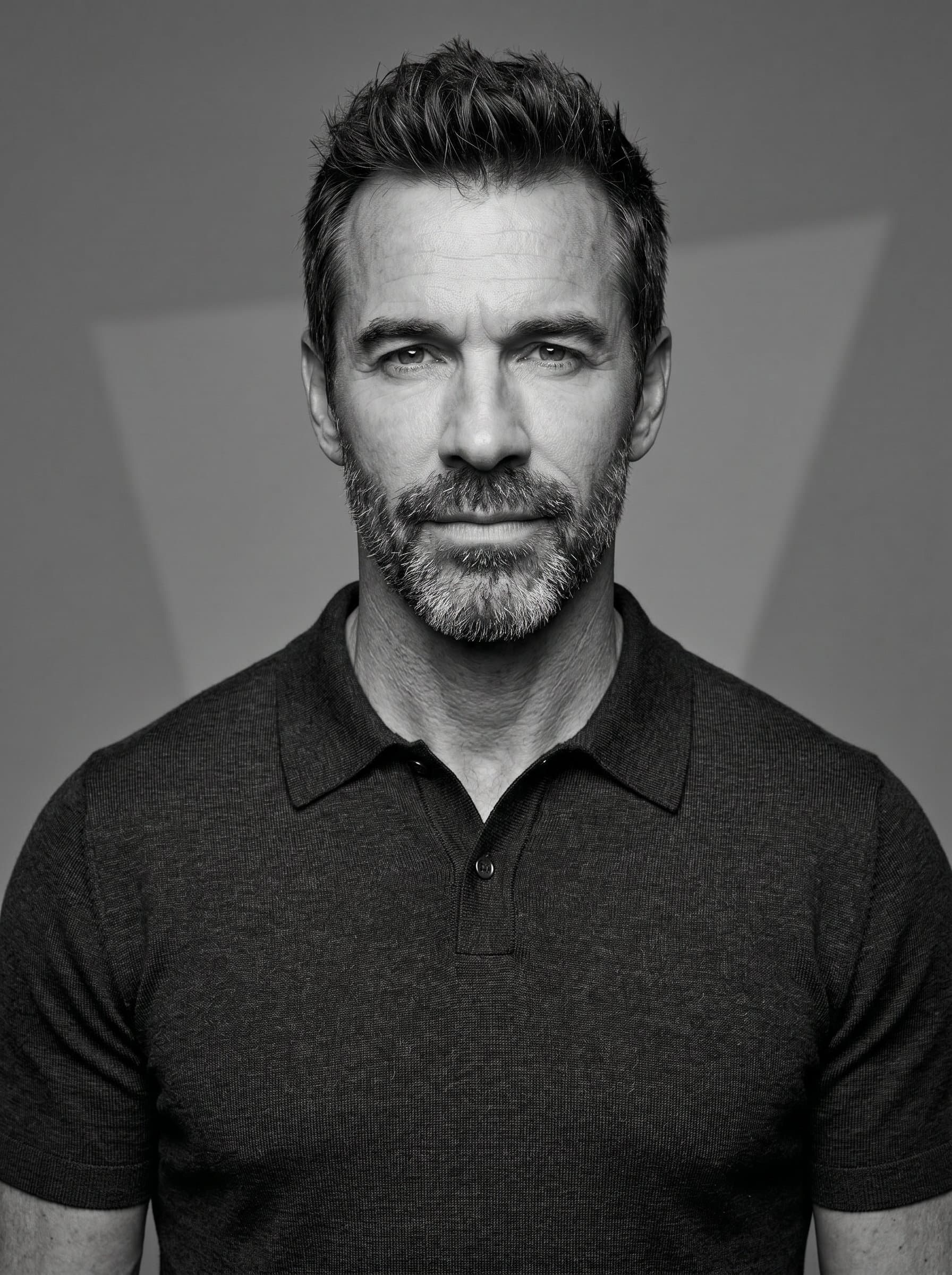 : Monochromatic headshot with simple studio backdrop, influencer in modern minimalist attire, thoughtful expression, focus on symmetry and geometry, perfect for tech and innovation influencer profiles, sharp and clean.