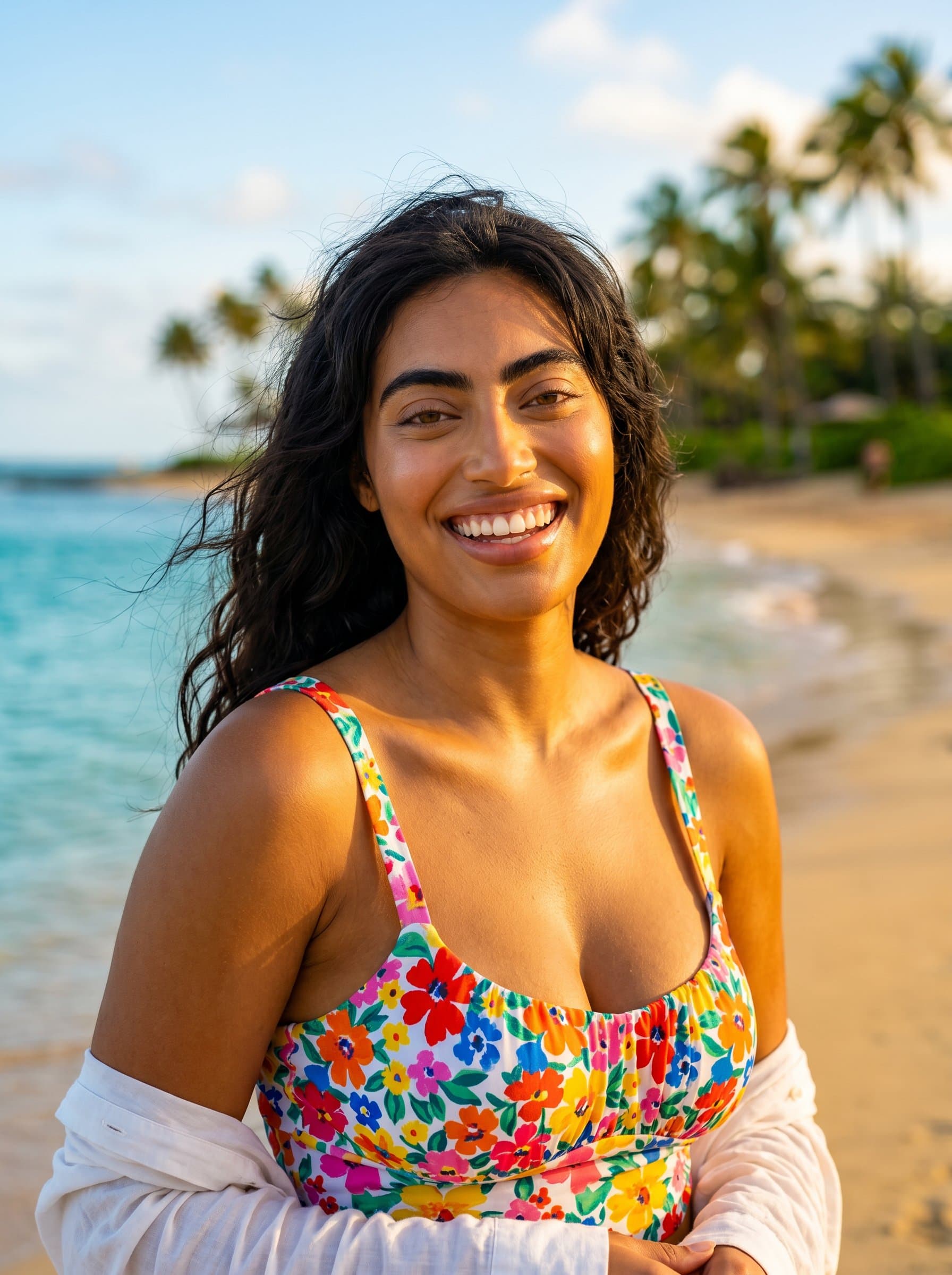 : Vibrant headshot with tropical beach background, influencer in summer attire, relaxed and joyful expression, bright colors reflecting lively personality, ideal for travel influencer profiles, high clarity.