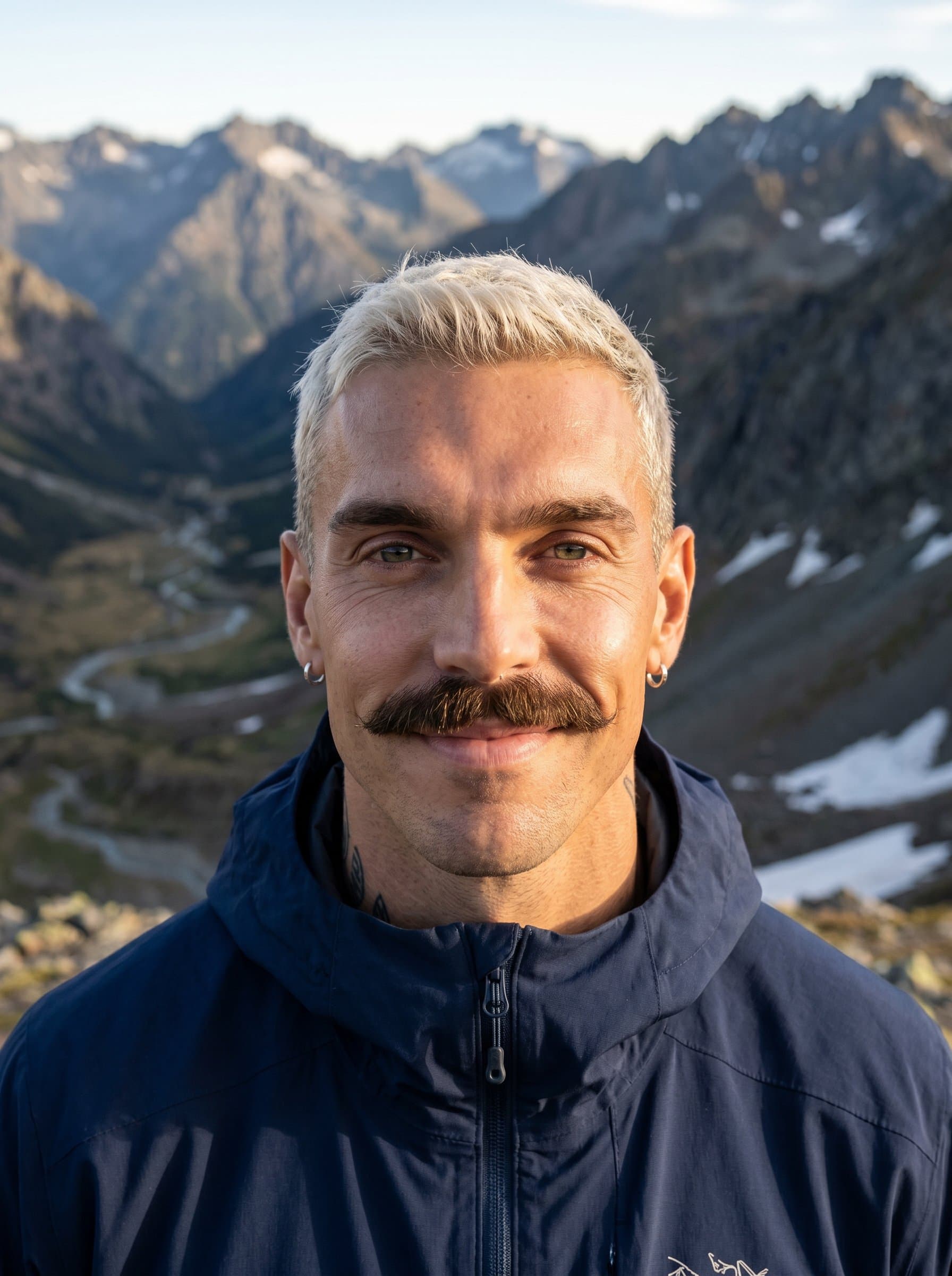 : Adventurous headshot with rugged mountain backdrop, influencer in outdoor gear, confident and determined expression, natural lighting highlighting facial features, suitable for adventure and travel influencer profiles, photorealistic.