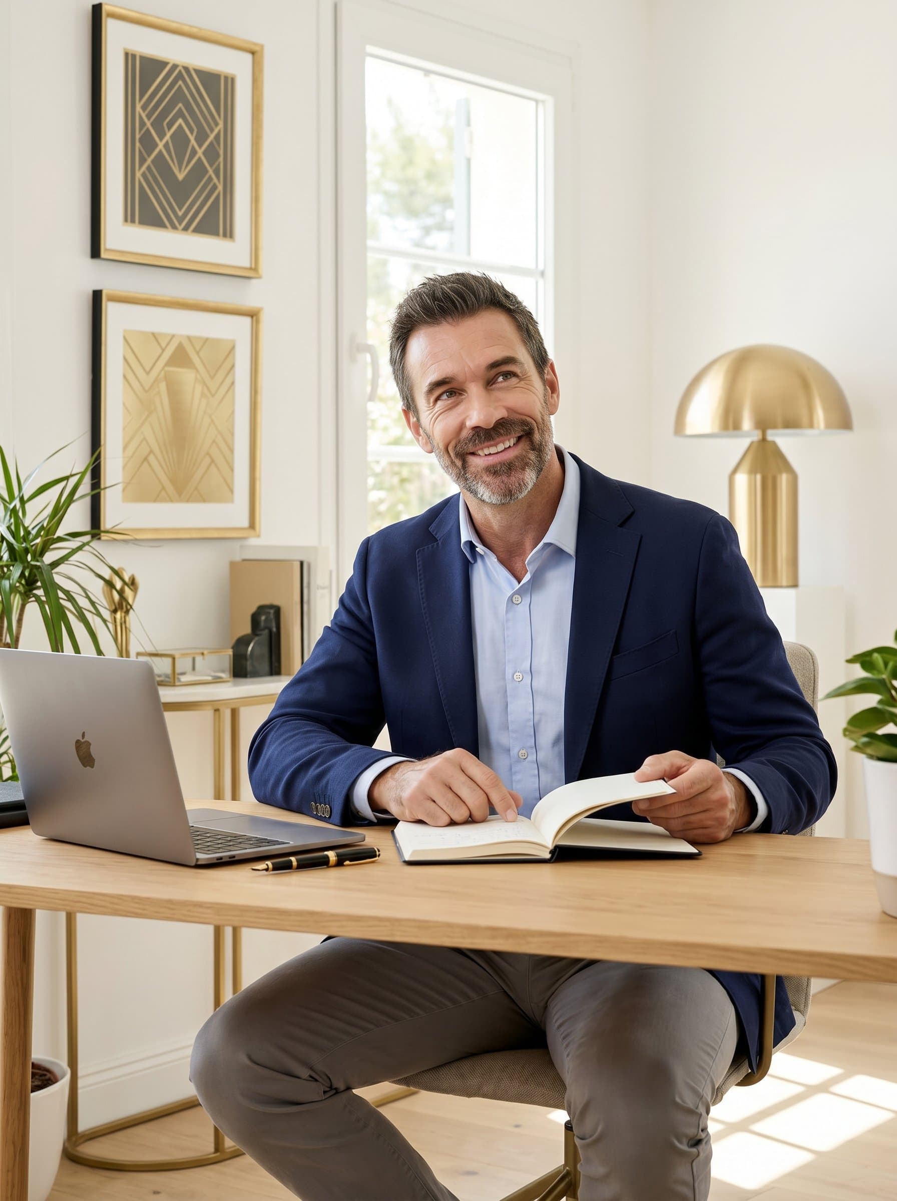 Illustrate in a minimalist home office with art decor, highlighting a creative and organized personality. Ensure a polished look with a smart-casual outfit that enhances professionalism.