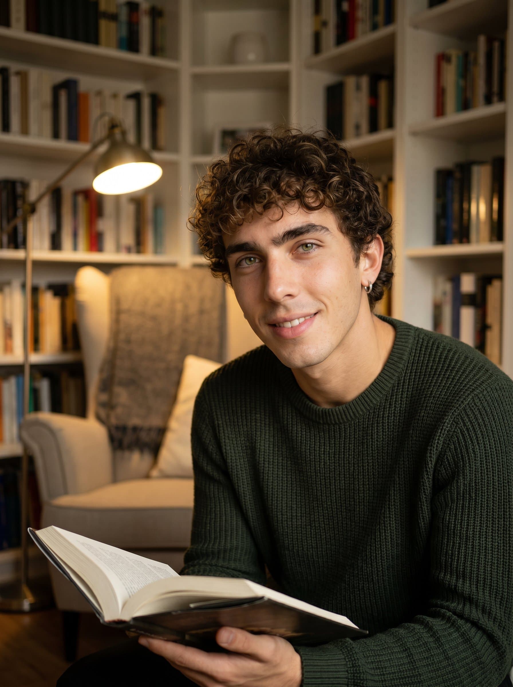 Highlight against a backdrop of books and a reading nook, indicating a literary-focused creator. Capture intellectual curiosity and warmth, with a smart-casual appearance fitting a knowledgeable persona.