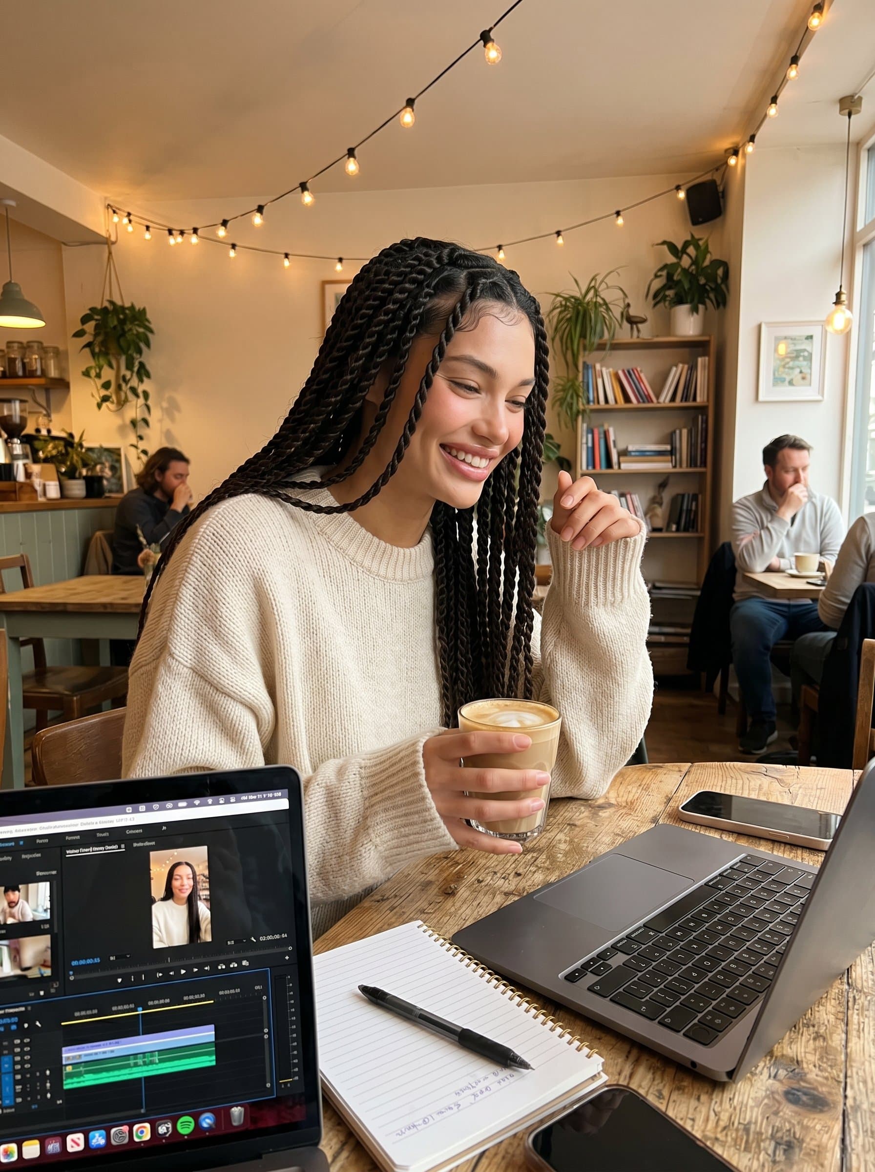 Present in a cozy cafe with a laptop and coffee, symbolizing a laid-back yet productive creator lifestyle. Emphasize warmth and approachability through expression and relaxed attire.