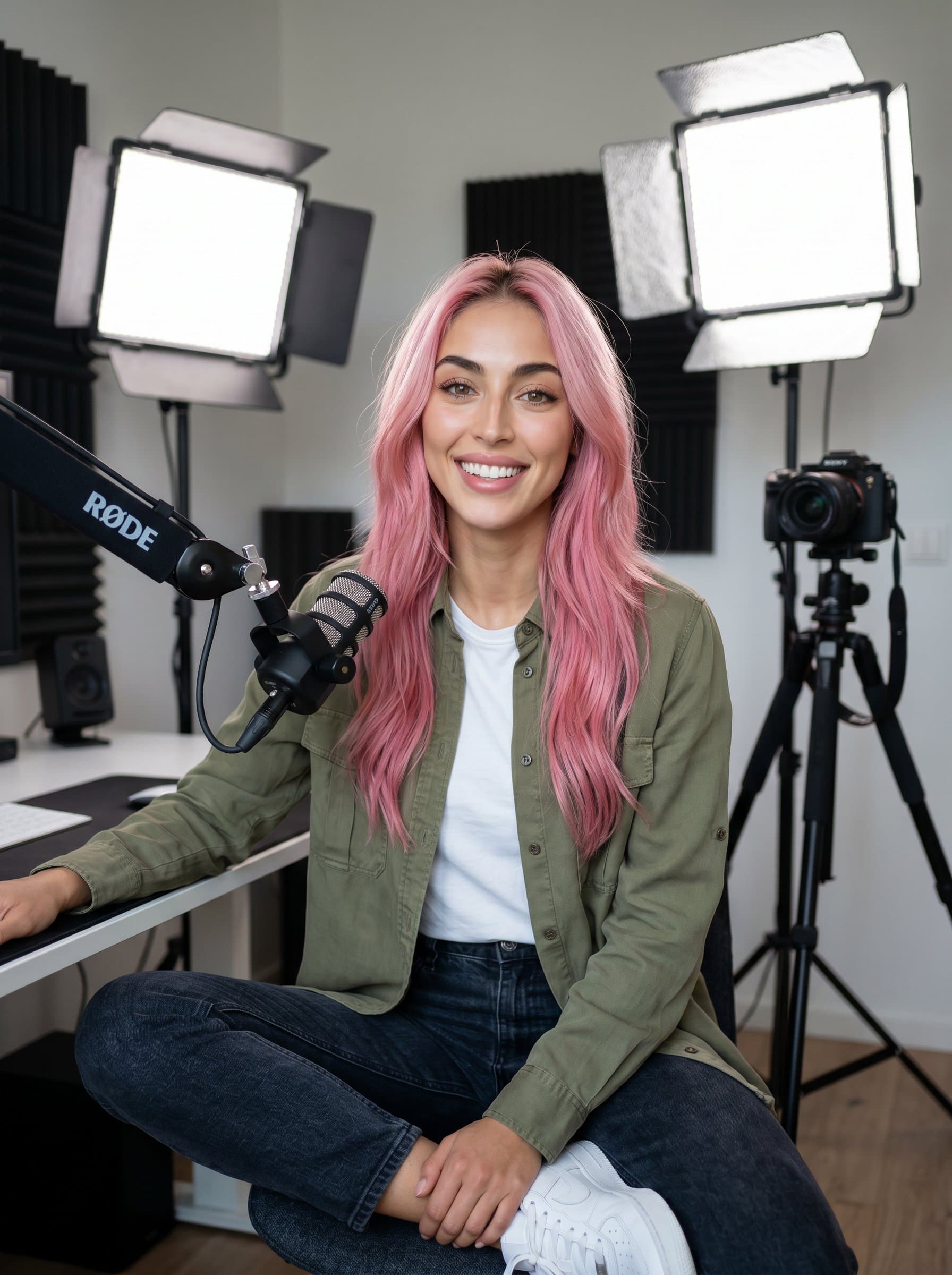 in a well-lit home studio, surrounded by video production equipment, showcasing a creative content creator's commitment to quality and professionalism. Emphasize a friendly smile and stylish yet casual outfit.