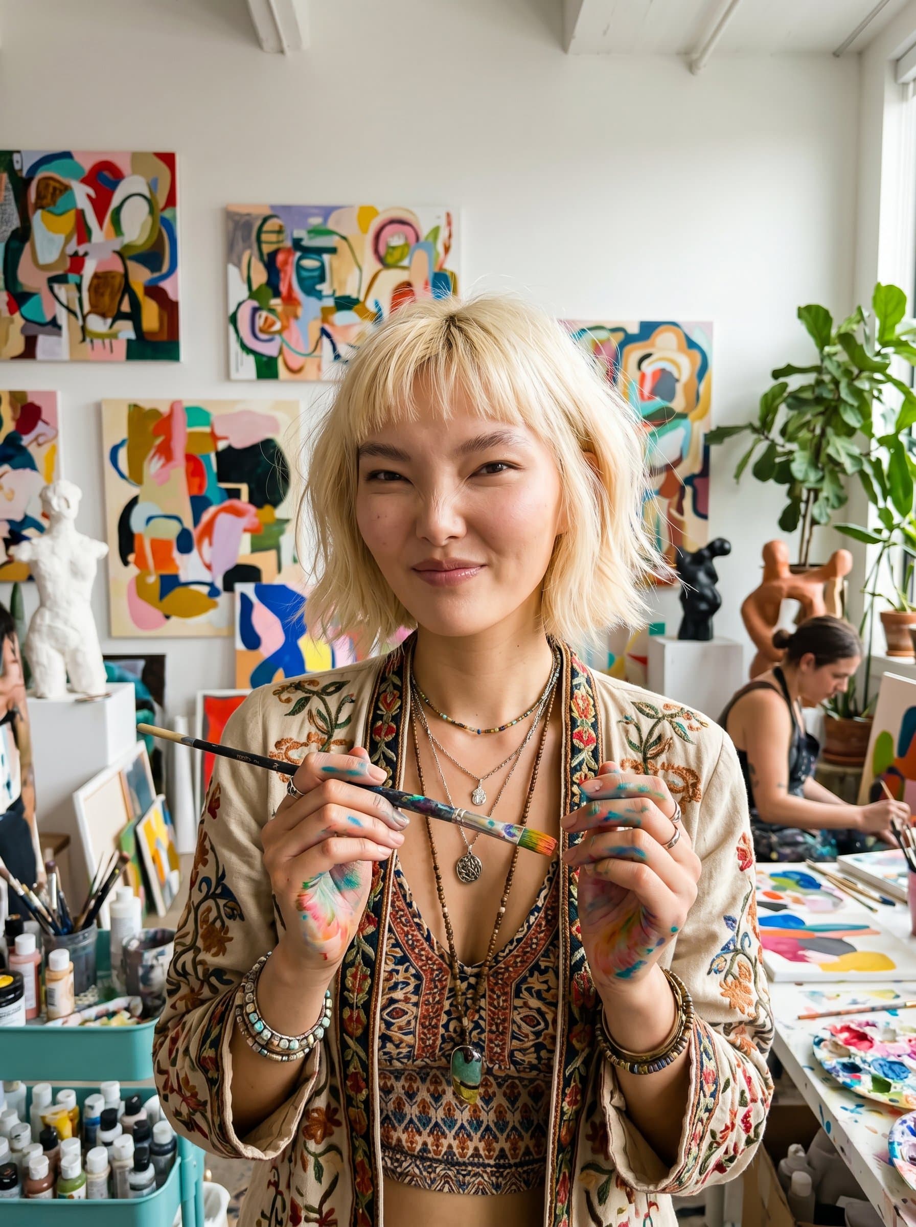 Feature in a trendy art studio filled with vibrant artwork, emphasizing an artistic and innovative spirit. Capture a playful smile and bohemian style, fitting a creative brand.