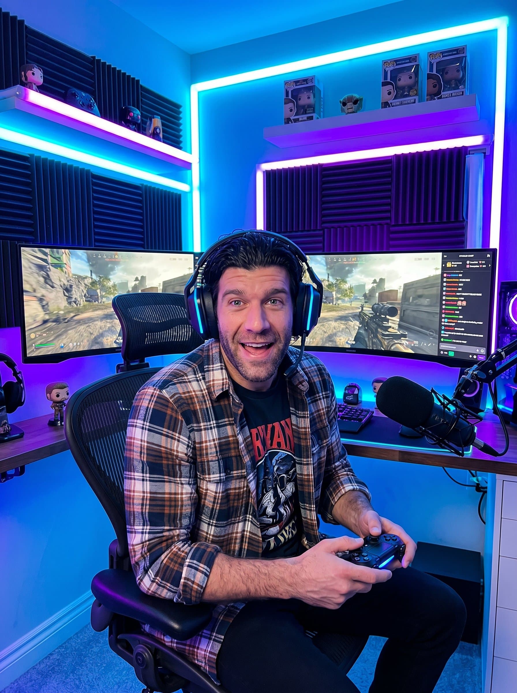 Capture in a high-tech gaming setup with vibrant lights and gaming gear, showcasing a gaming content creator. Focus on an energetic and adventurous look, dressed in a casual gamer aesthetic.