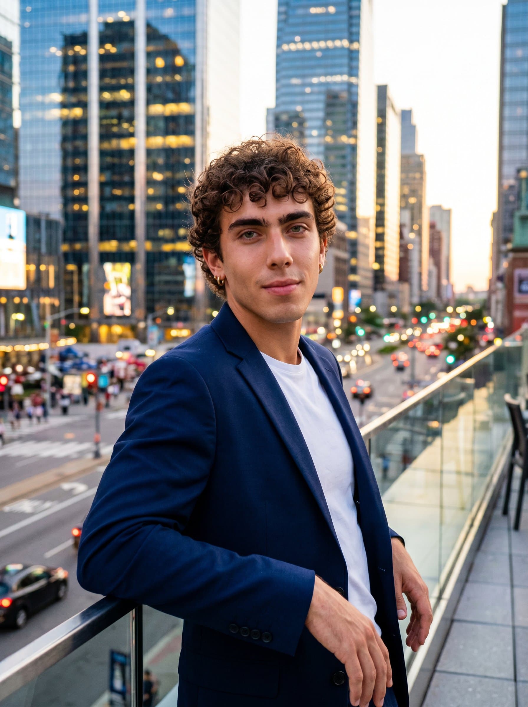 Capture in a modern outdoor setting with vibrant cityscape in the background to highlight an urban, dynamic persona. Focus on a confident expression, reflecting a go-getter attitude.