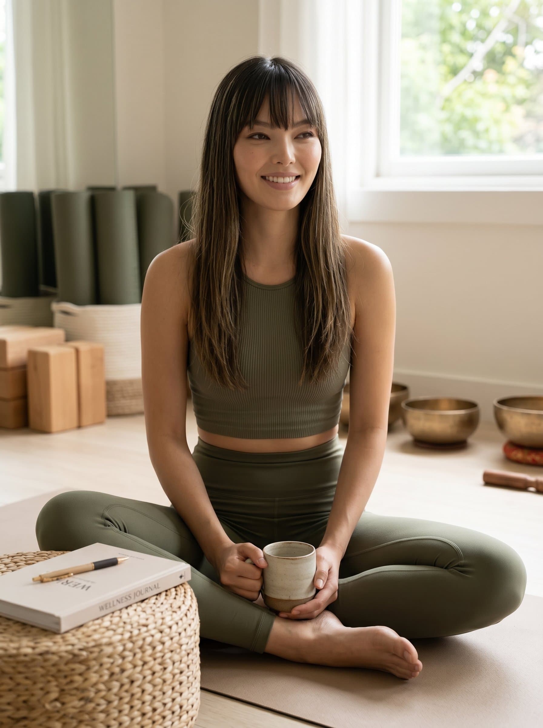 Visualize in a serene yoga studio, with mats and wellness props, representing a well-being oriented creator. Emphasize calmness and positivity through relaxed facial expressions and fitness attire.