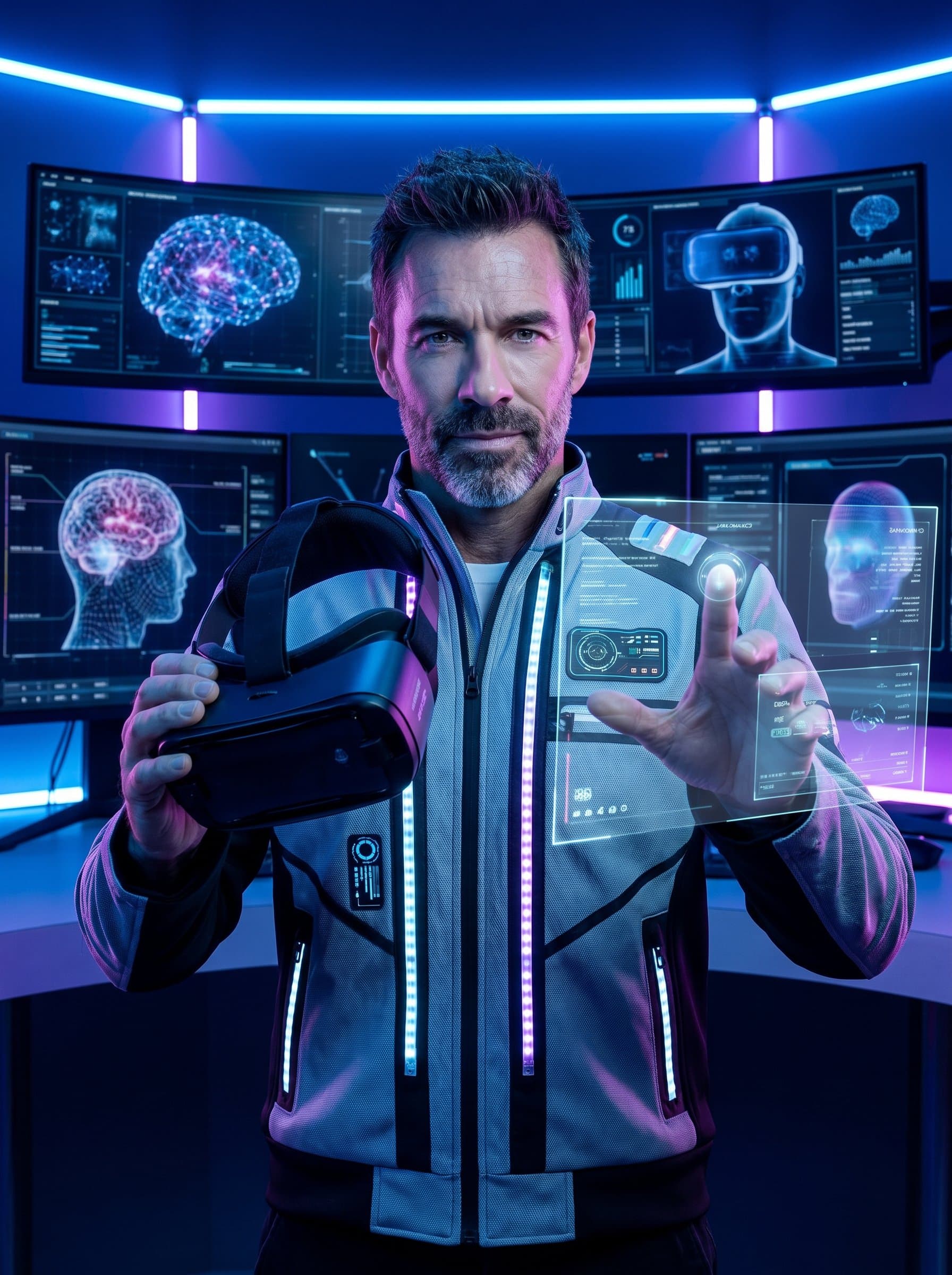 Position in a futuristic setting with digital screens and virtual reality elements, showcasing an innovative tech content creator. Capture a forward-thinking expression, with attire reflecting cutting-edge technology.