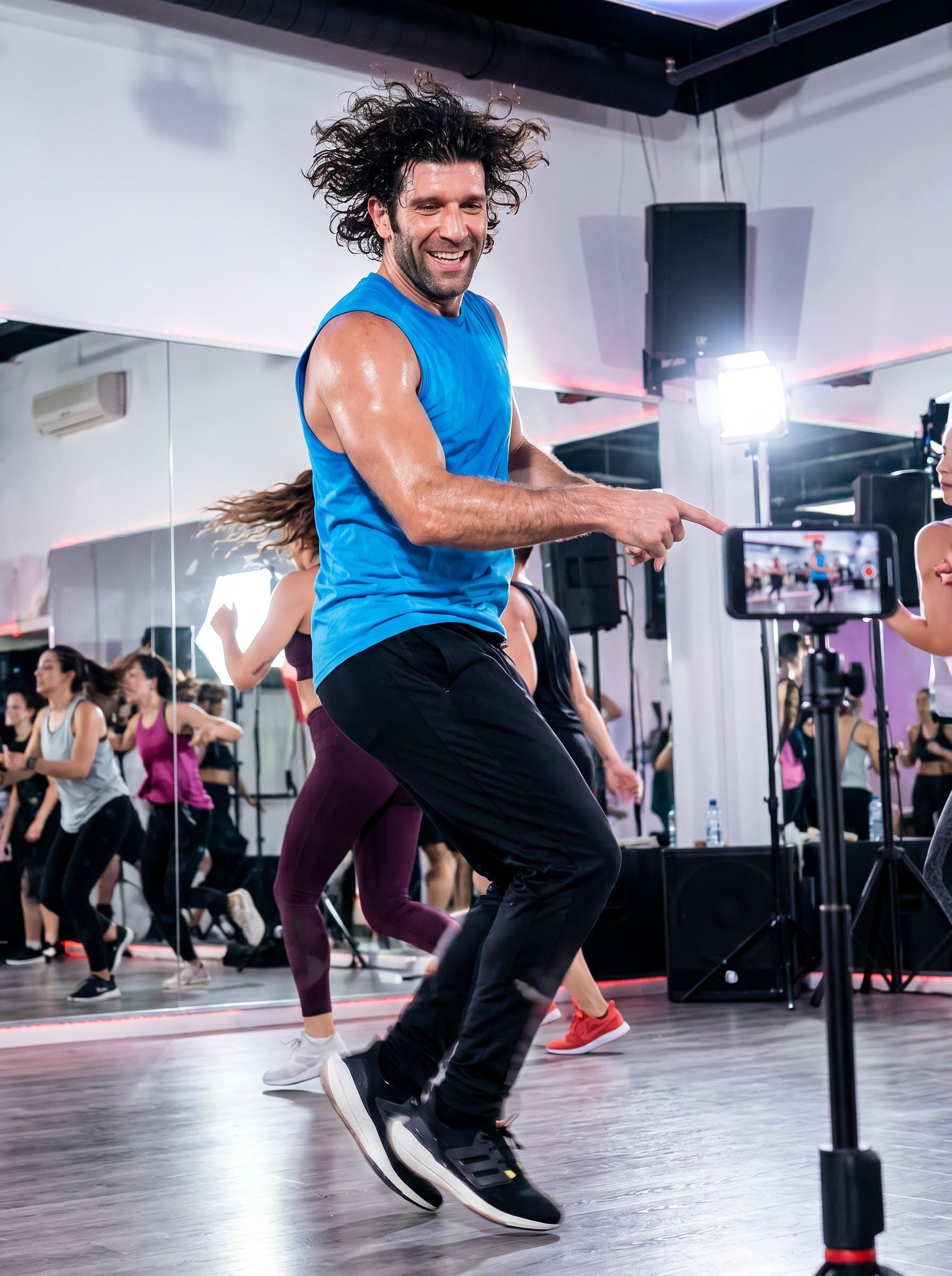 Highlight in a lively dance studio, surrounded by music and movement, indicating a performance-oriented content creator. Capture vibrant energy and passion with expressive movement and dynamic attire.