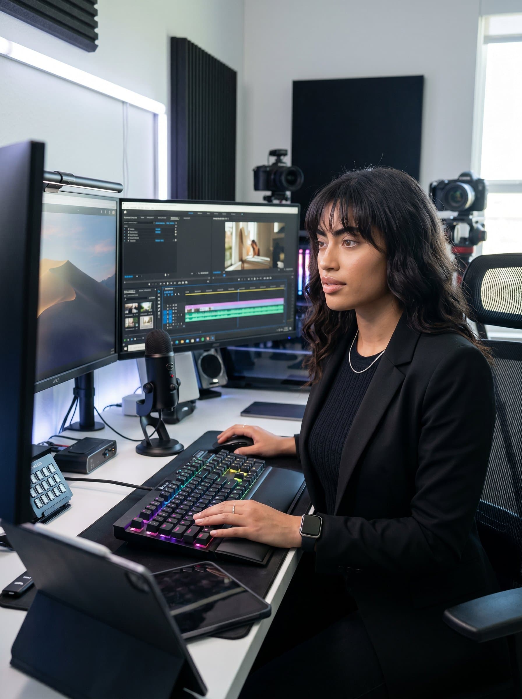 Showcase in a tech-inspired workspace with multiple screens and gadgets, suggesting a tech-savvy content creator. Capture an engaged and focused look, dressed in sleek, contemporary fashion.