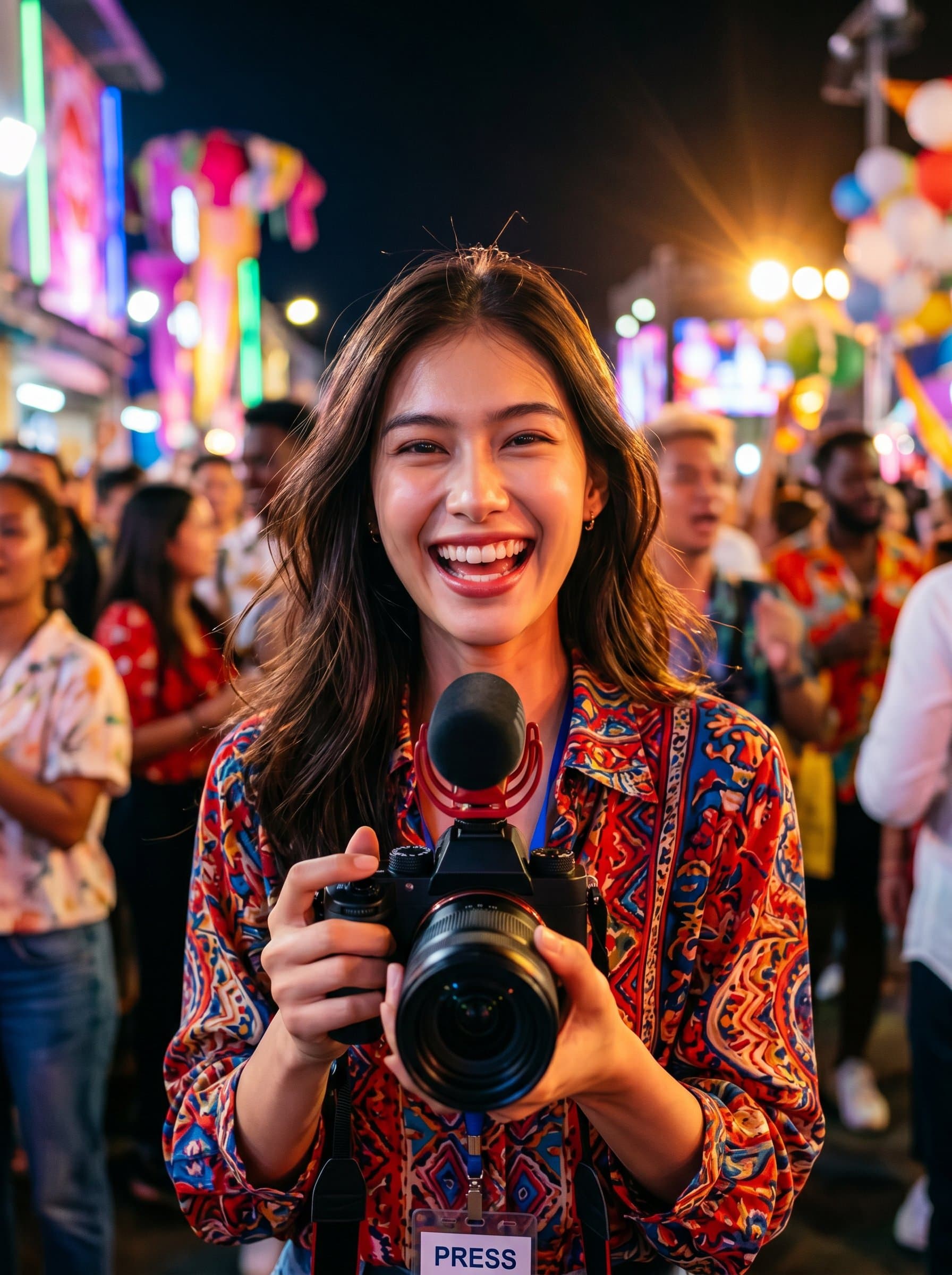 Frame at a bustling event venue, holding a camera or microphone, signifying an event-focused content creator. Express enthusiasm and excitement through vibrant attire and an engaging smile.