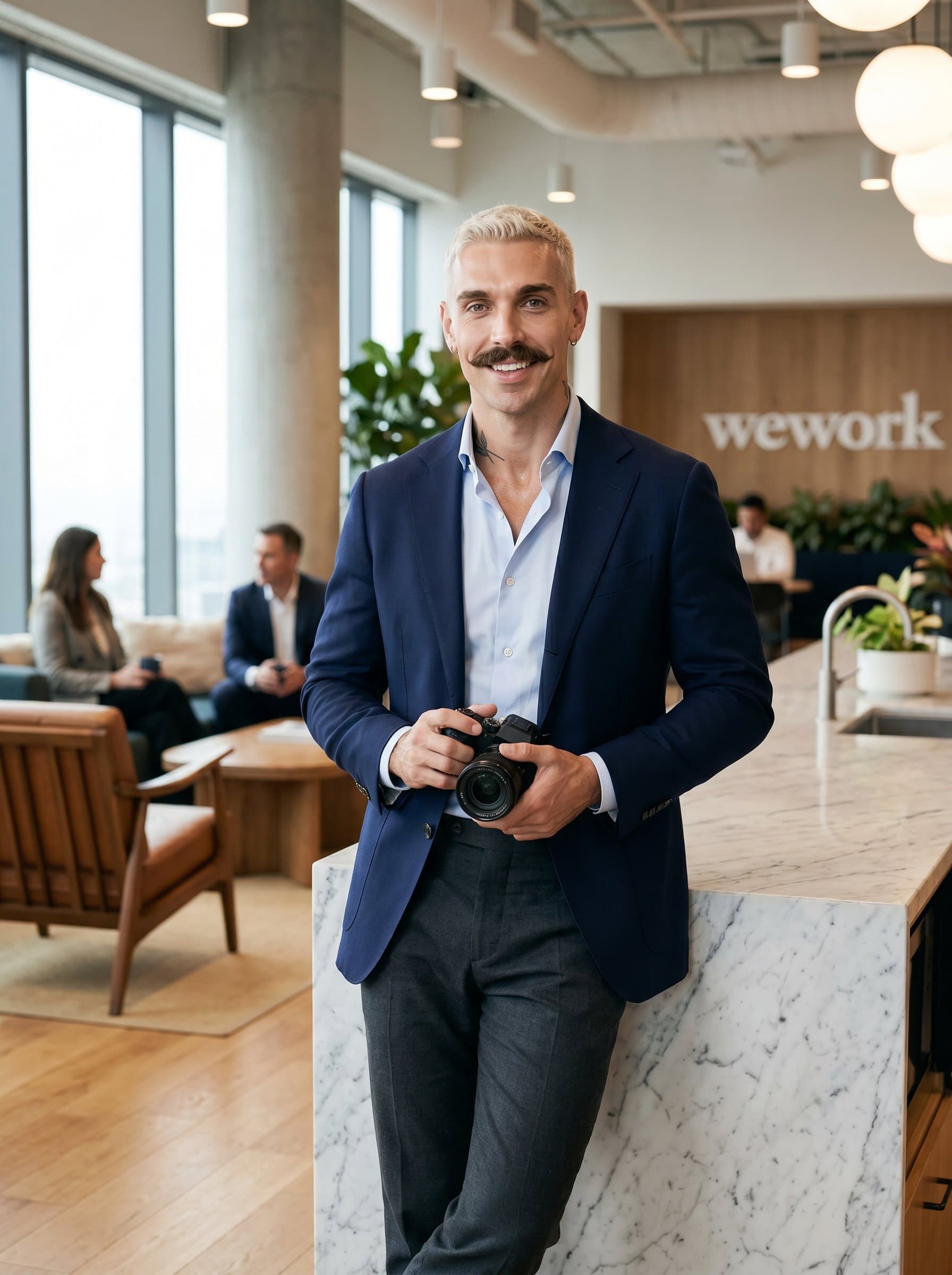 Depict in an upscale co-working space with elegant decor, portraying a confident and professional content creator. Focus on a poised expression and business-casual attire, aligning with a modern brand.