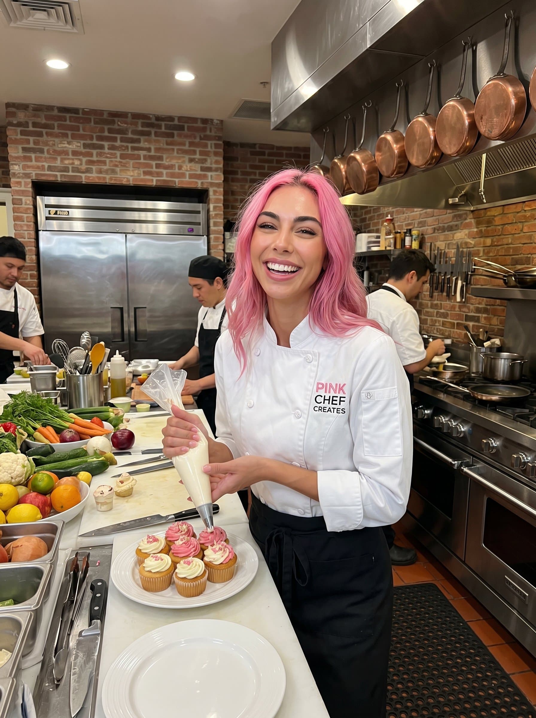 Place in a lively kitchen setting, surrounded by culinary props, showcasing a food-centric content creator. Emphasize a cheerful and inviting expression paired with professional kitchen attire.