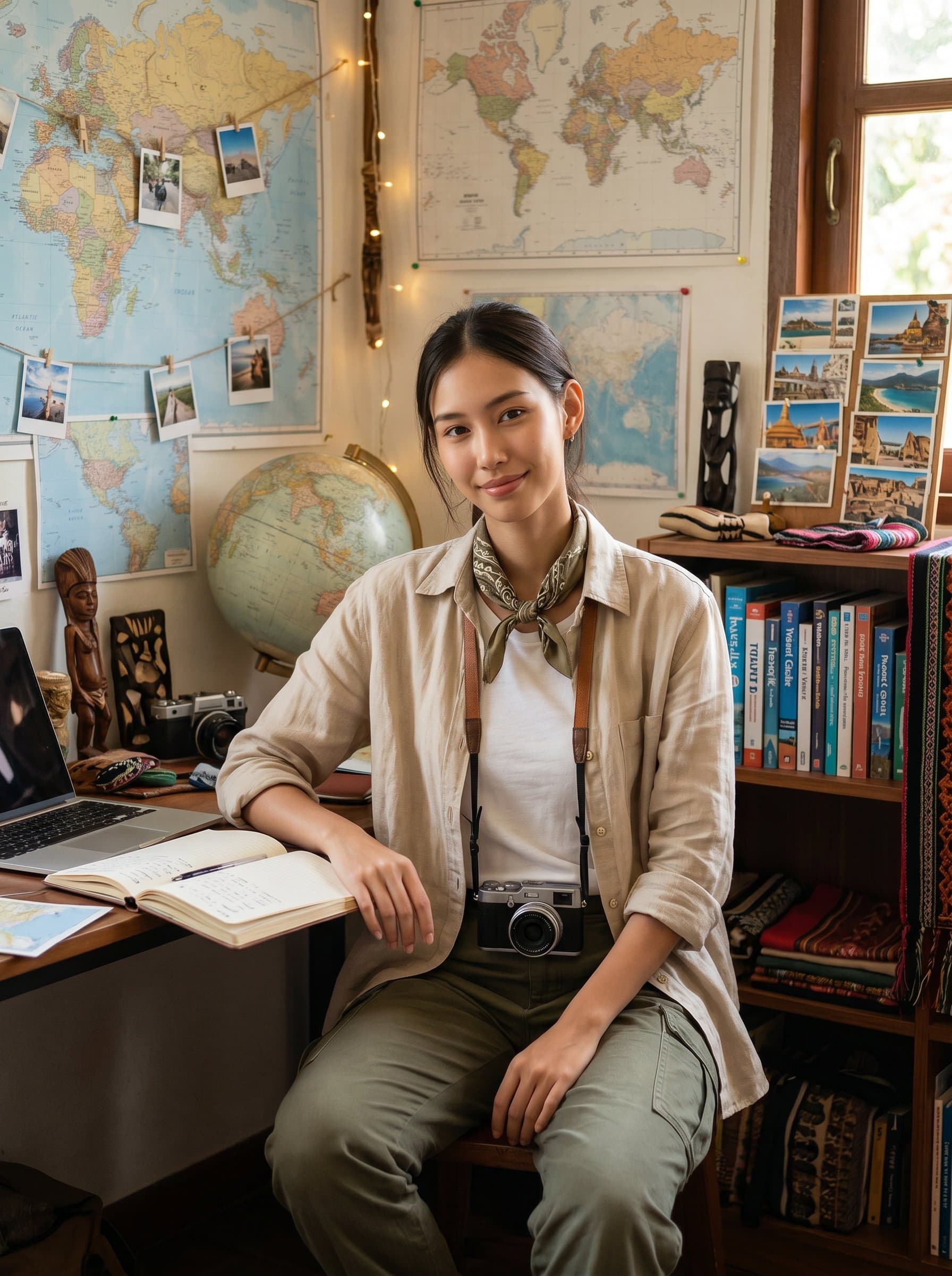 Visualize in a quaint travel-themed space with maps and souvenirs, representing a travel-focused content creator. Emphasize wanderlust and curiosity through a relaxed expression and comfortable travel attire.