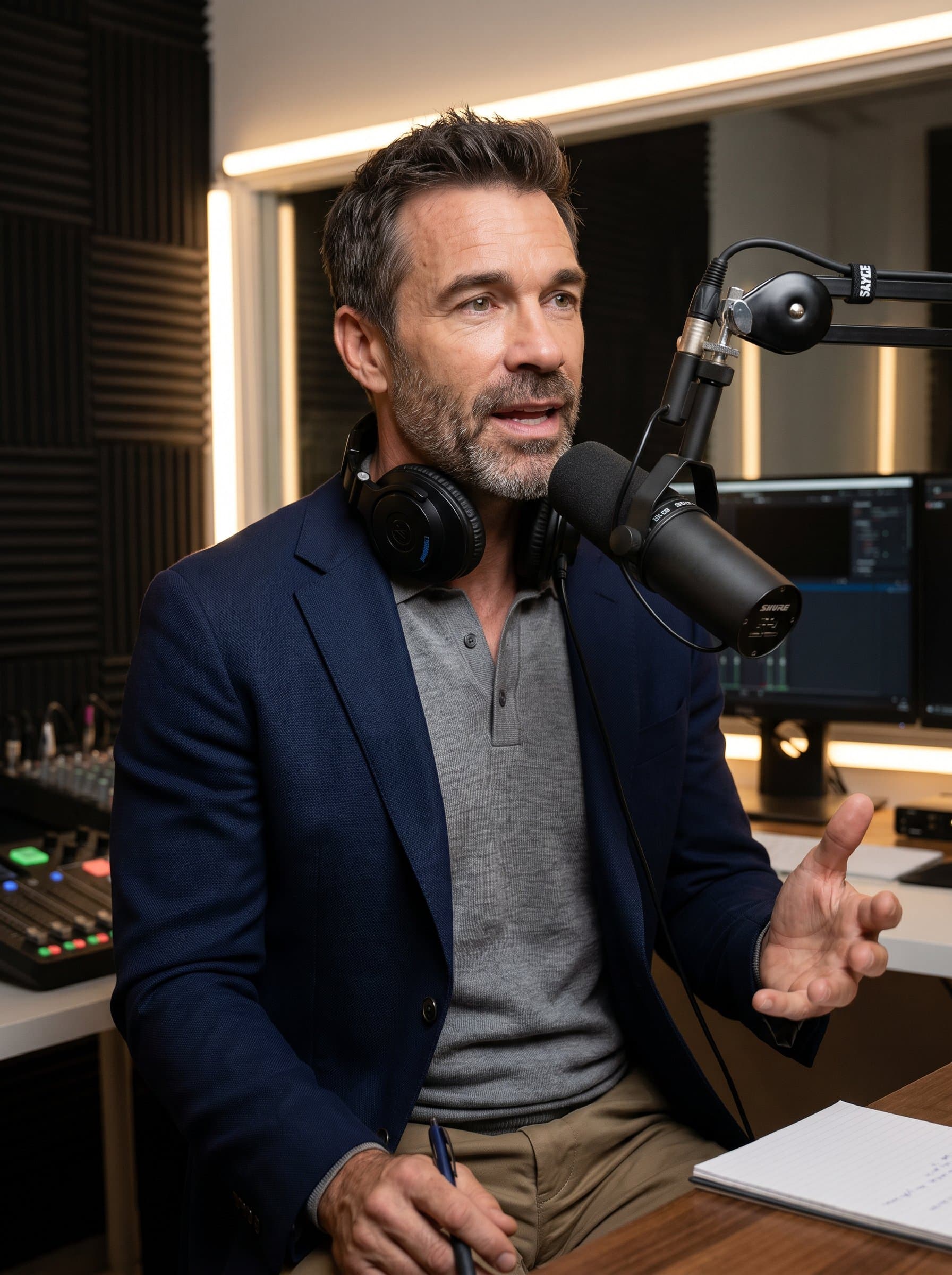 Set in a modern podcast studio with professional audio equipment, emphasizing a voice-focused content creator. Capture a thoughtful and engaging expression, with attire that balances professionalism and approachability.