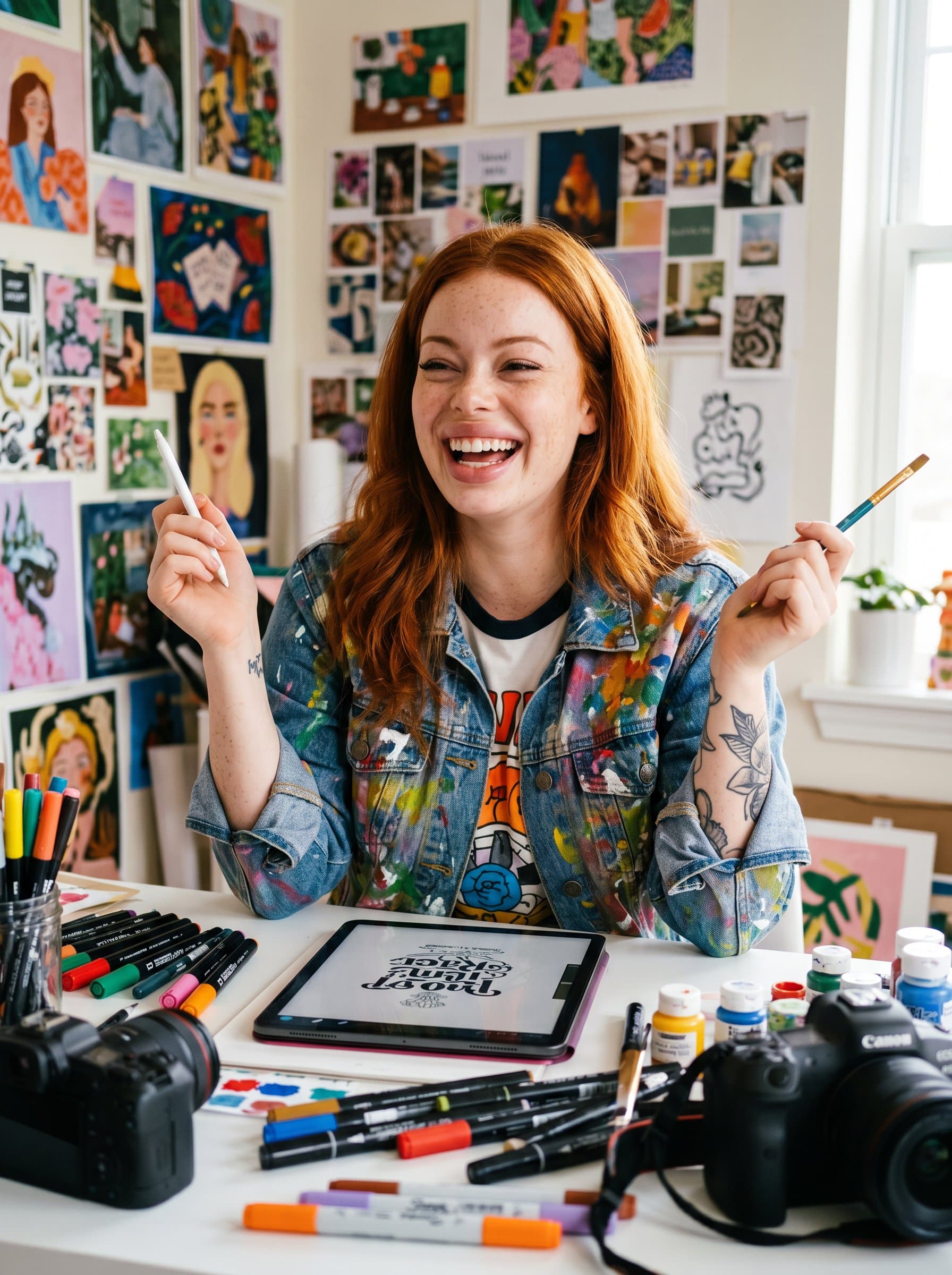 Illustrate in a vibrant, colorful workspace filled with art supplies and creative tools, reflecting an imaginative content creator. Focus on a joyful and enthusiastic demeanor, with a casual and artsy look.