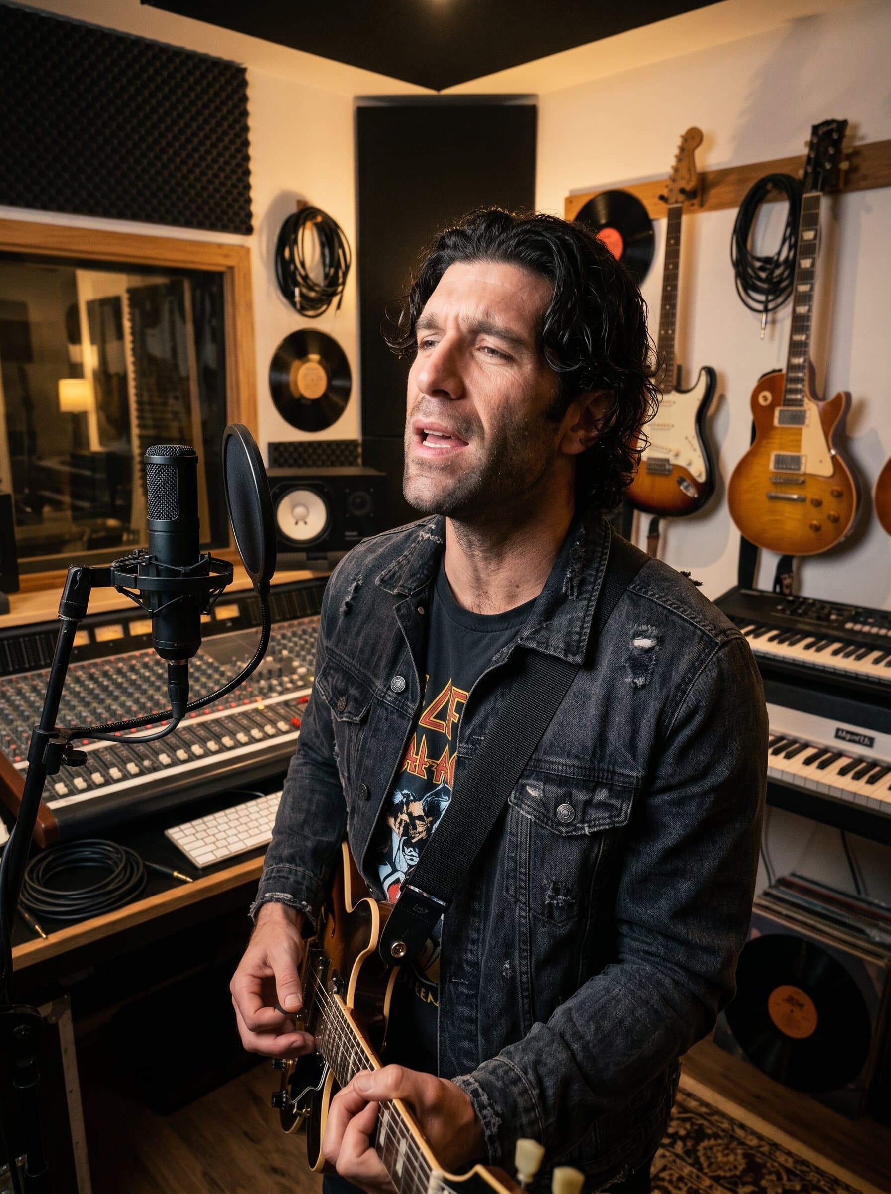 Photograph in a music studio with instruments and audio equipment, hinting at a musically inclined content creator. Focus on a passionate expression, with attire suitable for creative endeavors.