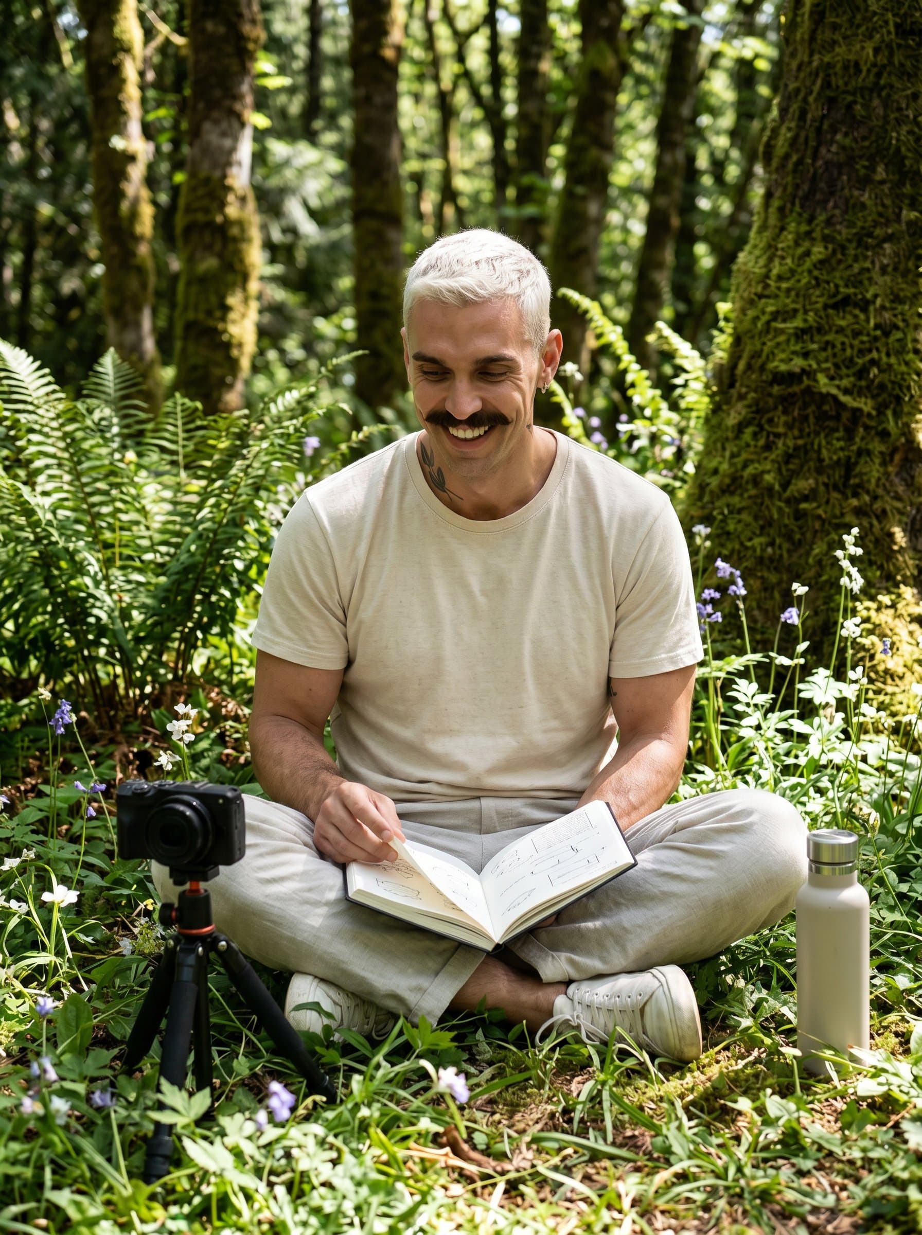 Position in a serene natural environment, surrounded by lush greenery, representing eco-conscious and mindful content creation. Highlight a peaceful and inviting demeanor with casual attire.