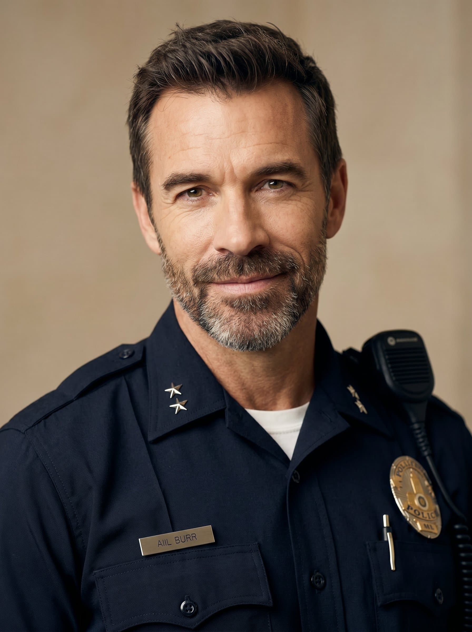 : Portrait of a police officer in a neat uniform, positioned with a slight smile, set against a soft beige backdrop, capturing the essence of approachability and authority through gentle light highlights.
