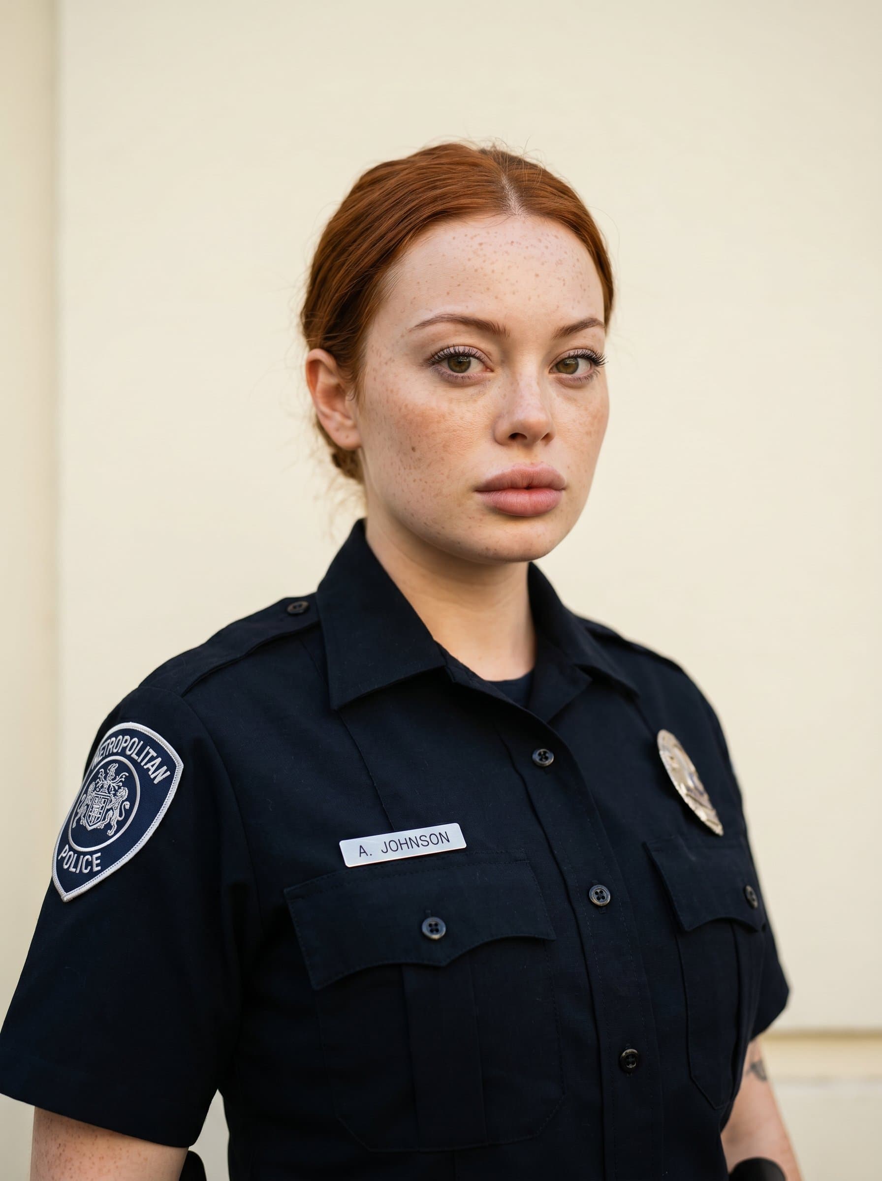 : Generate an official photo of a police officer, in a dark blue uniform, with a focused look, standing against a cream-colored wall, with lighting that subtly highlights the eyes and facial contours.