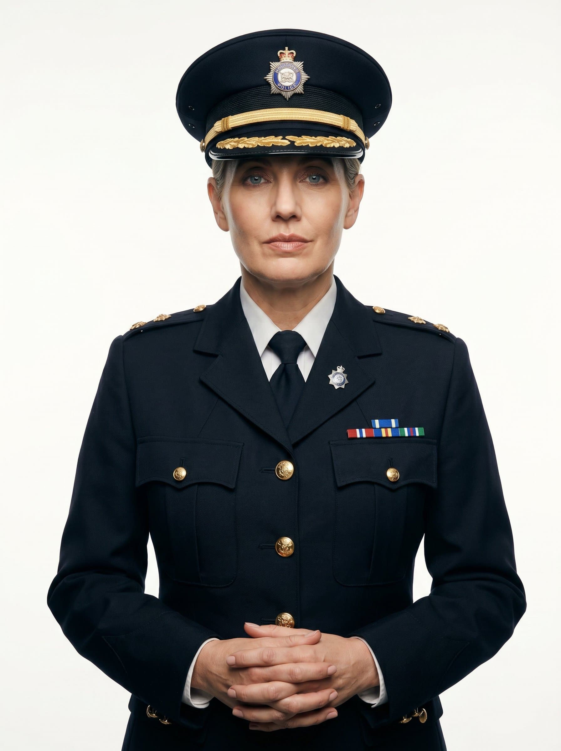: Generate an image of a police officer wearing a formal cap, facing forward with a confident gaze, set against a simple white background, the lighting gently emphasizing their facial expressions.