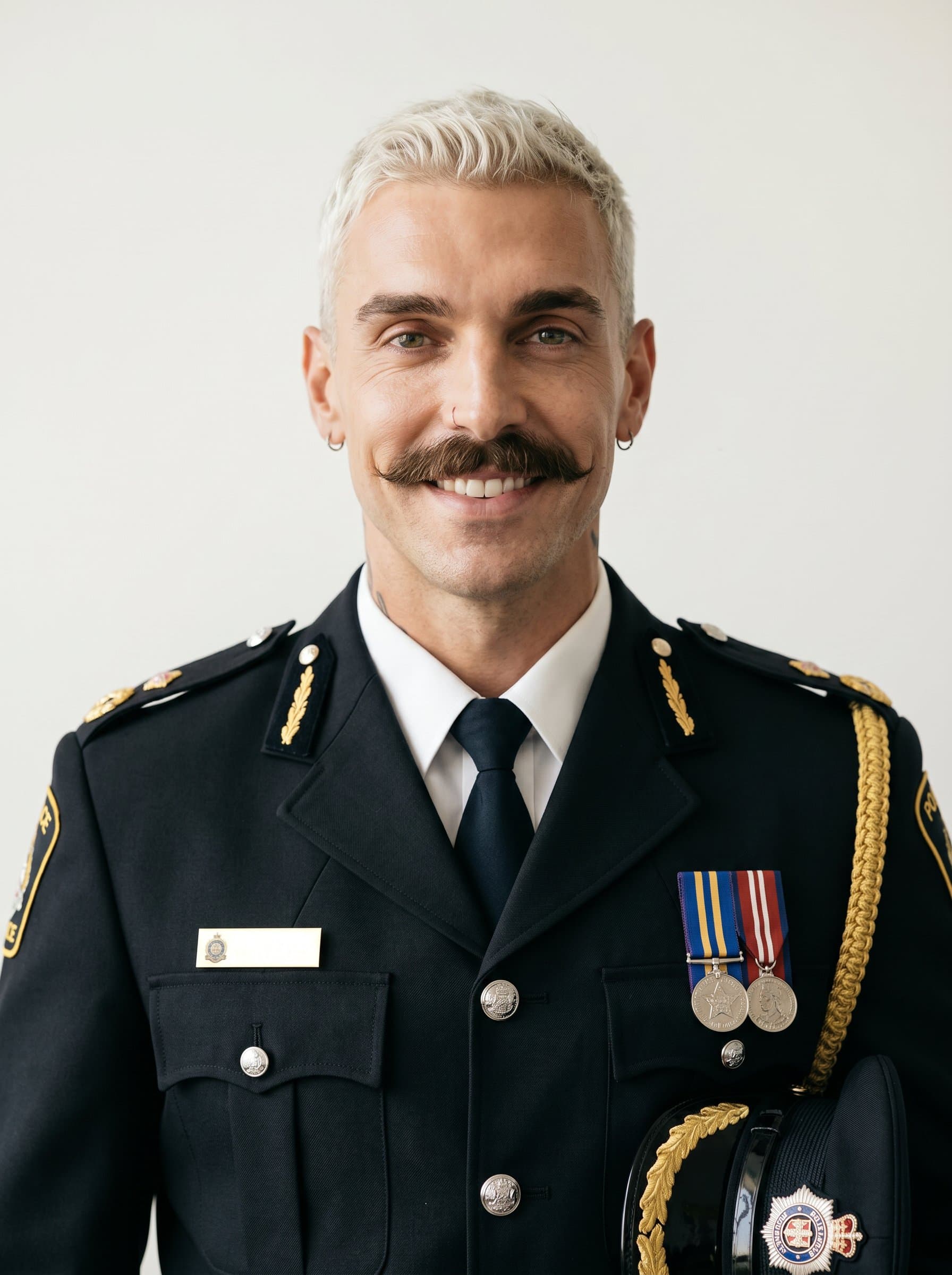 : Create a headshot of a police officer, displayed in ceremonial attire, smiling subtly against an off-white background, with soft lighting enhancing their approachable and trustworthy appearance.