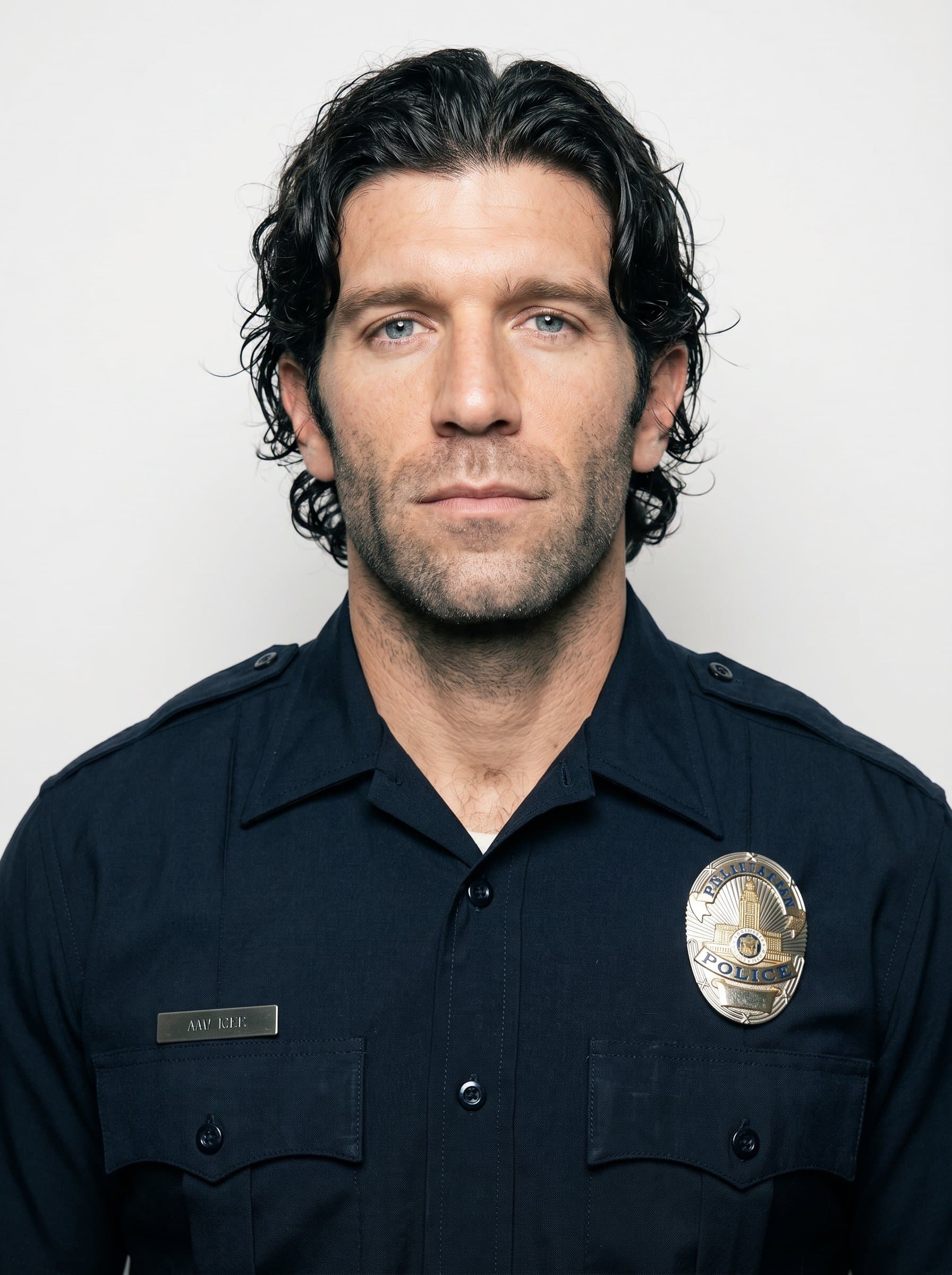 : Portrait of a police officer, wearing a police badge on their uniform, with a steady, honest expression, against a neutral white background, enhanced by even lighting for clarity and focus.