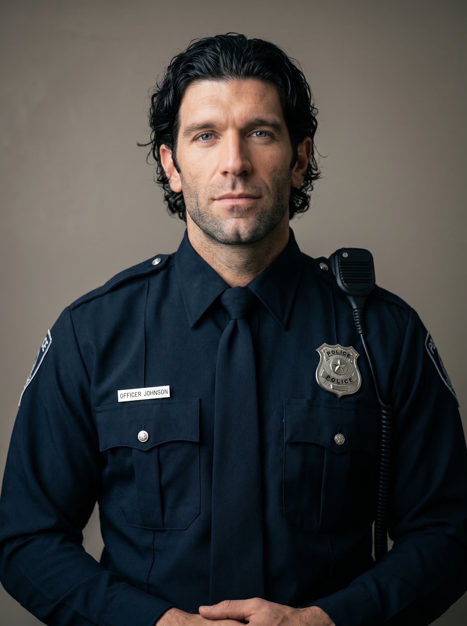 : Photo of a police officer in a crisp uniform with a composed demeanor, centered against a neutral taupe wall, showcasing their leadership qualities through strategic soft lighting on the visage.