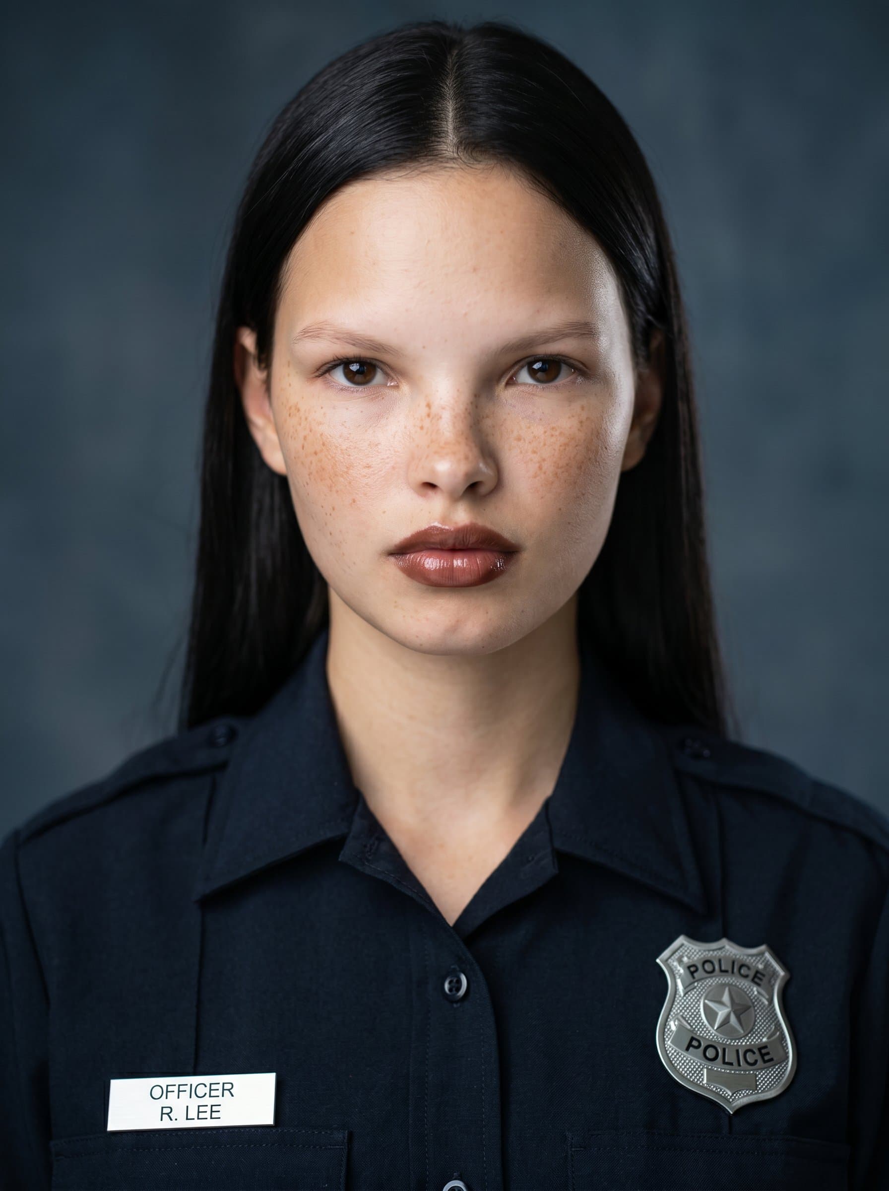 : Professional headshot of a police officer, depicted in a standard blue uniform, standing against a muted backdrop, the lighting designed to highlight sincerity and openness in their expression.