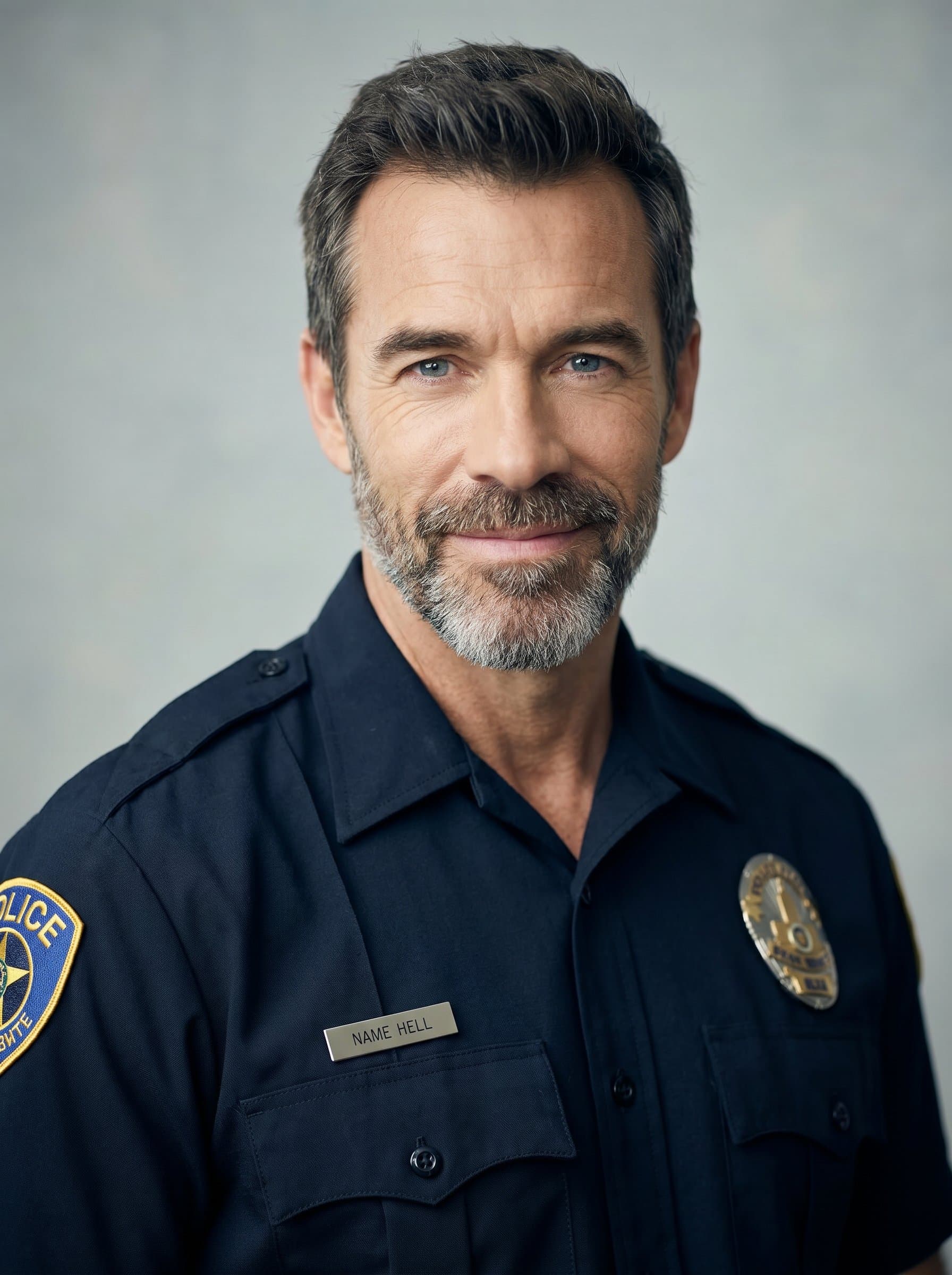 : Portrait of a police officer wearing an insignia-decorated uniform, with a gentle smile, posed against a pale backdrop, the soft lighting framing the face to convey reliability and warmth.