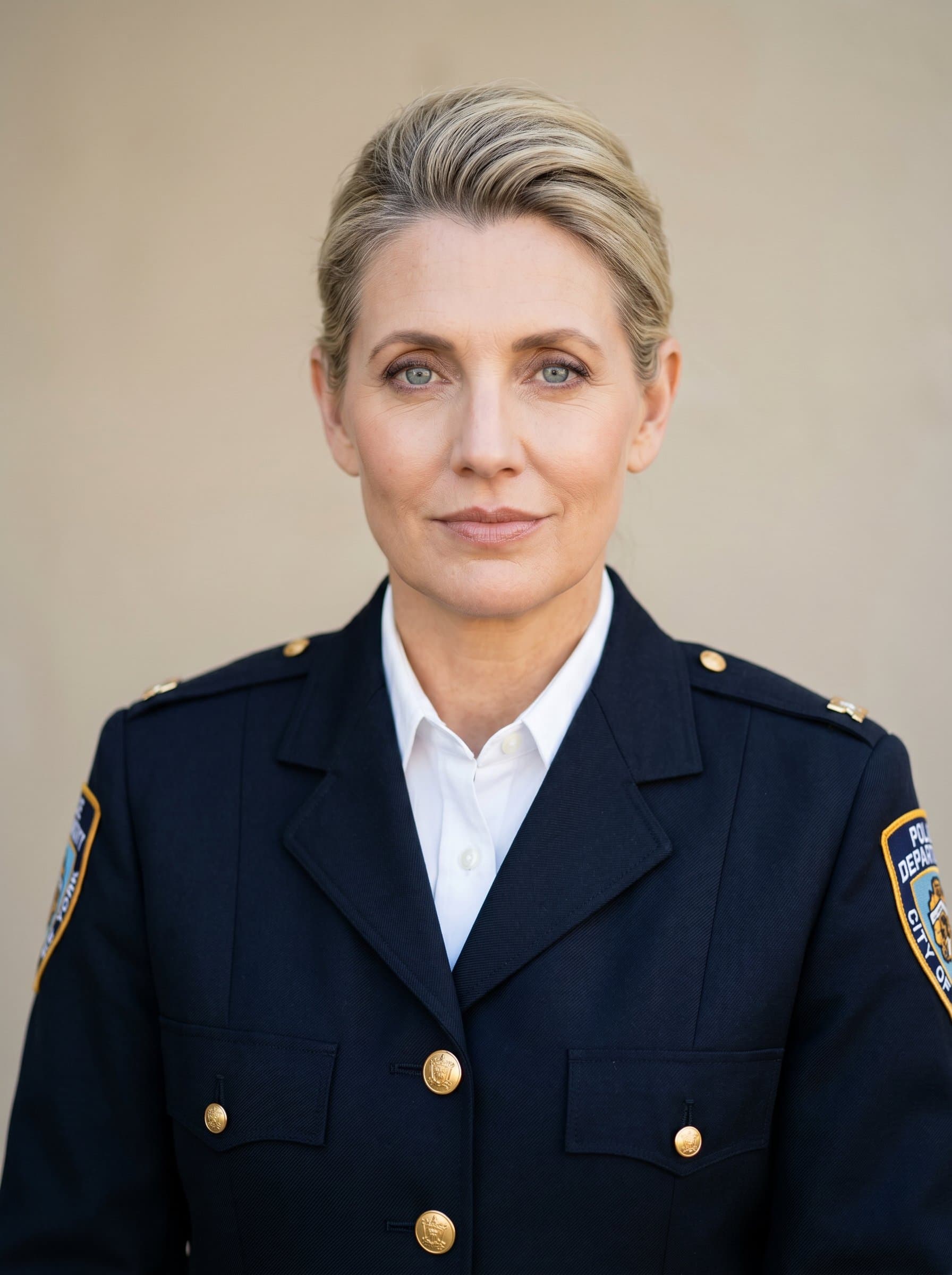: Professional headshot of a police officer in neatly tailored uniform, with a confident look, set against a minimalist beige backdrop, utilizing soft lighting to highlight approachability and strength.